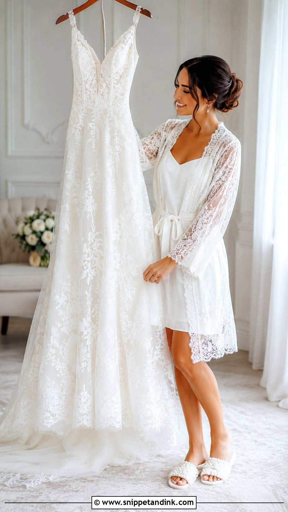 Lace Robe With Bridal Get Ready Dress - Snippet and Ink - 20 Bridal Get Ready Outfits