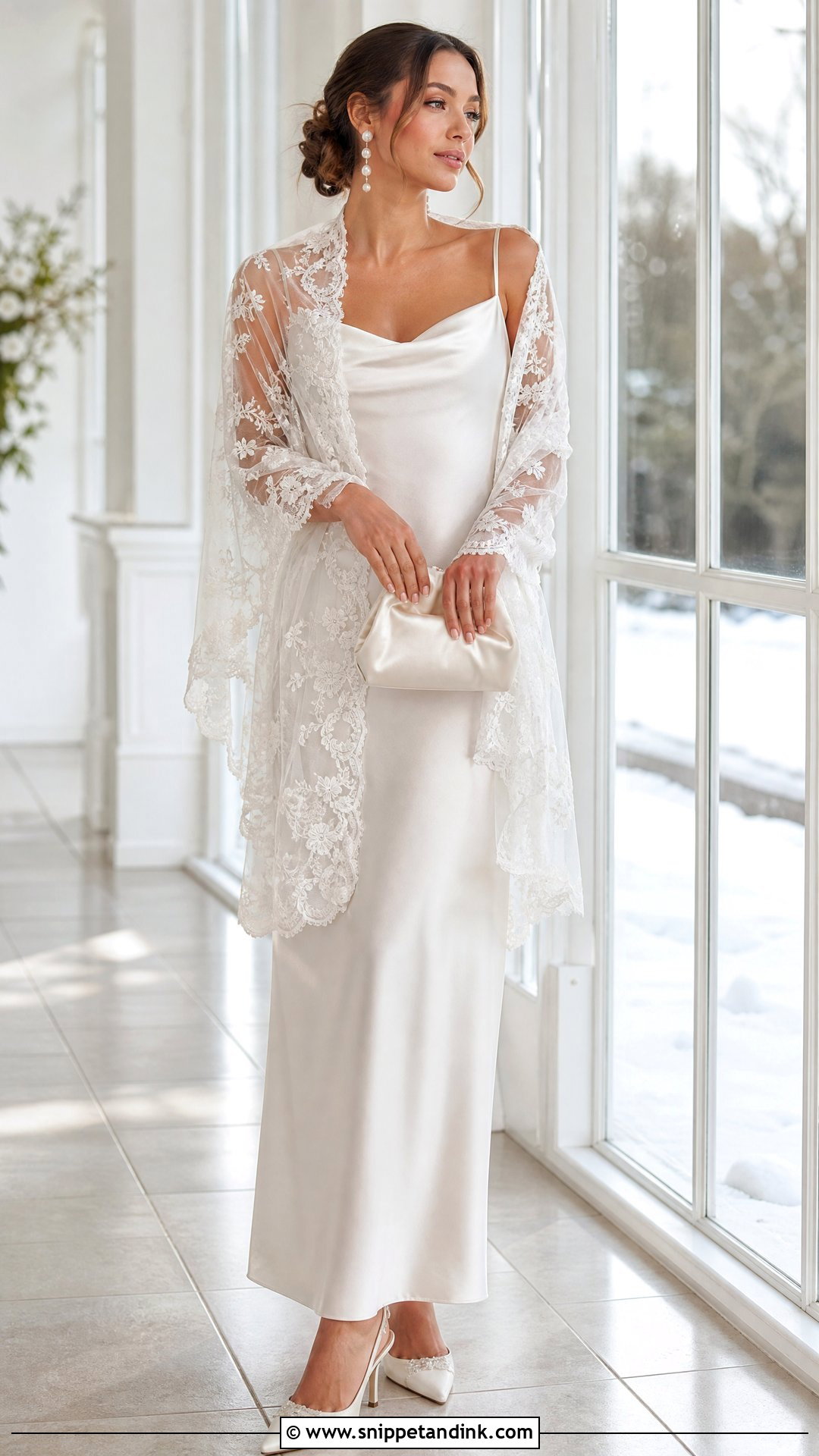 Lace Shawl With Satin Slip Wedding Dress - Snippet and Ink - 20 Winter Wedding Shawl Ideas