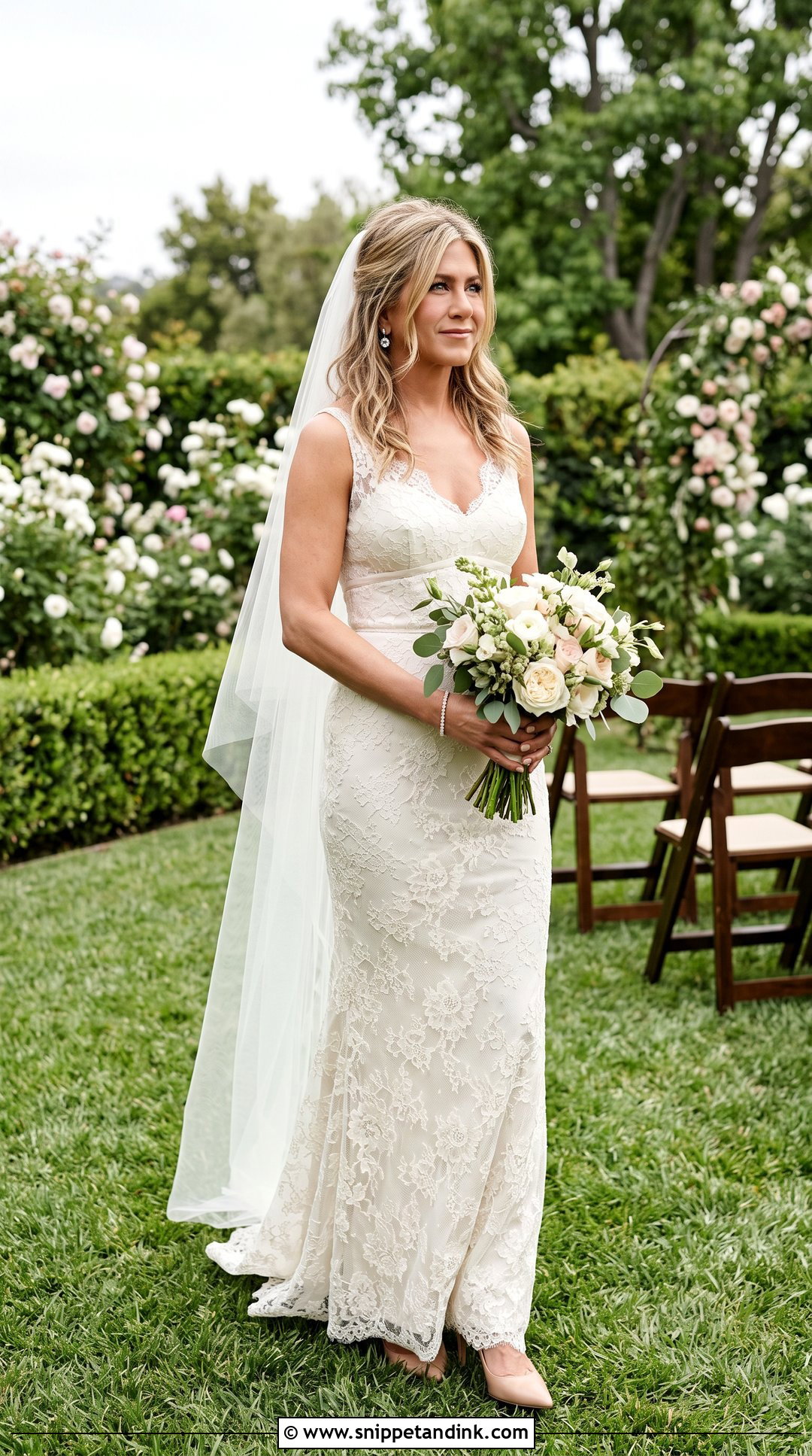Lace Sheath Wedding Dress With Simple Veil - Snippet and Ink - 20 Jennifer Aniston Wedding Dress Ideas