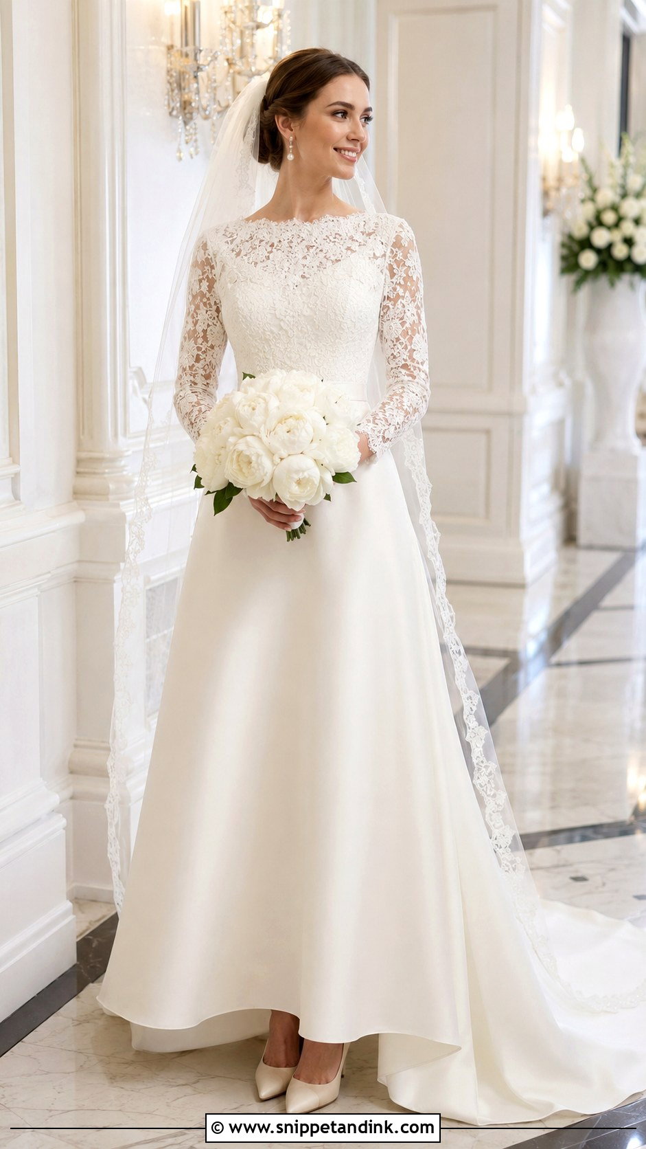 Lace Sleeve A Line Wedding Dress With Pearl Shoes - Snippet and Ink - 20 Modest Simple Wedding Dress Ideas