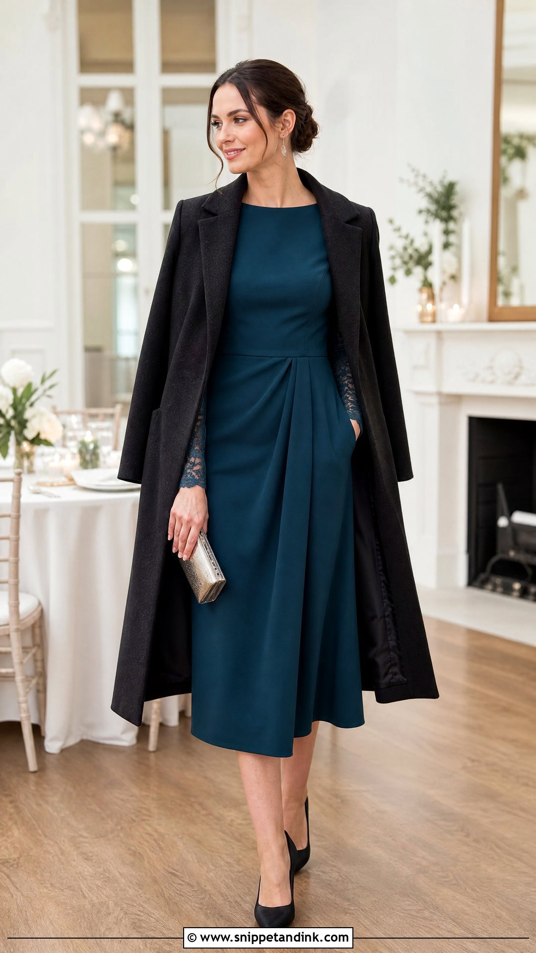 Lace Sleeve Midi Dress Winter Wedding Outfit - Snippet and Ink - 20 Semi Formal Winter Wedding Attire Ideas