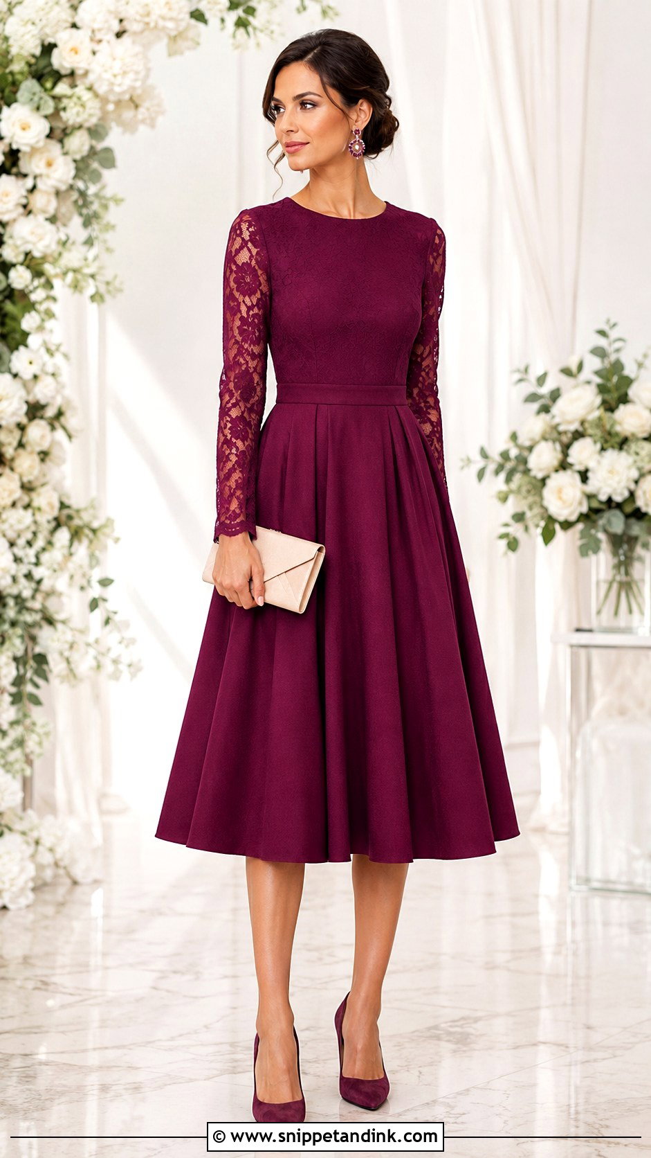 Lace Sleeve Midi Dress for Wedding - Snippet and Ink - 20 Modest Dresses for Wedding