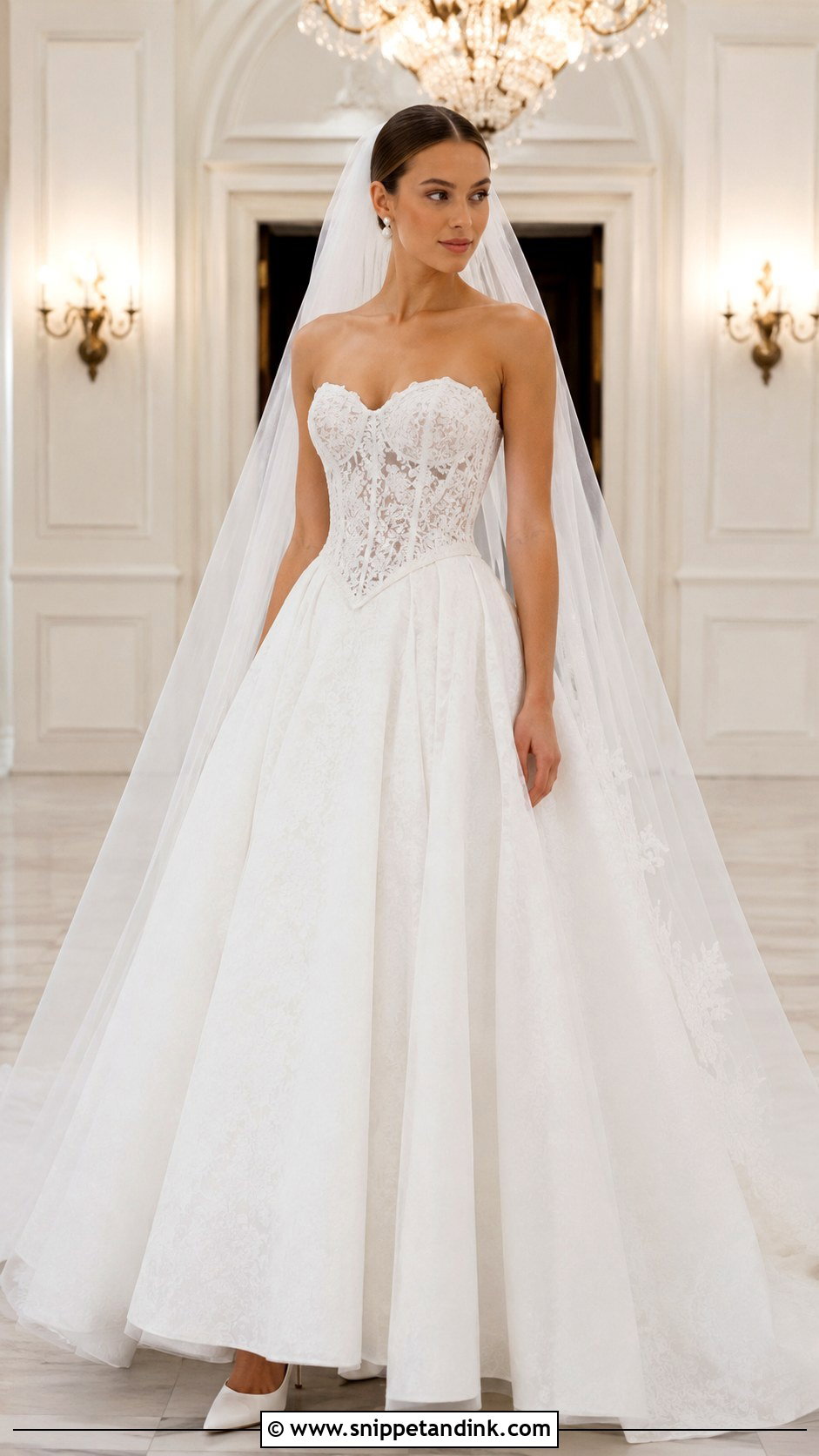 Lace Strapless Basque Waist Wedding Dress - Snippet and Ink - 25 Lace Strapless Wedding Dress Ideas