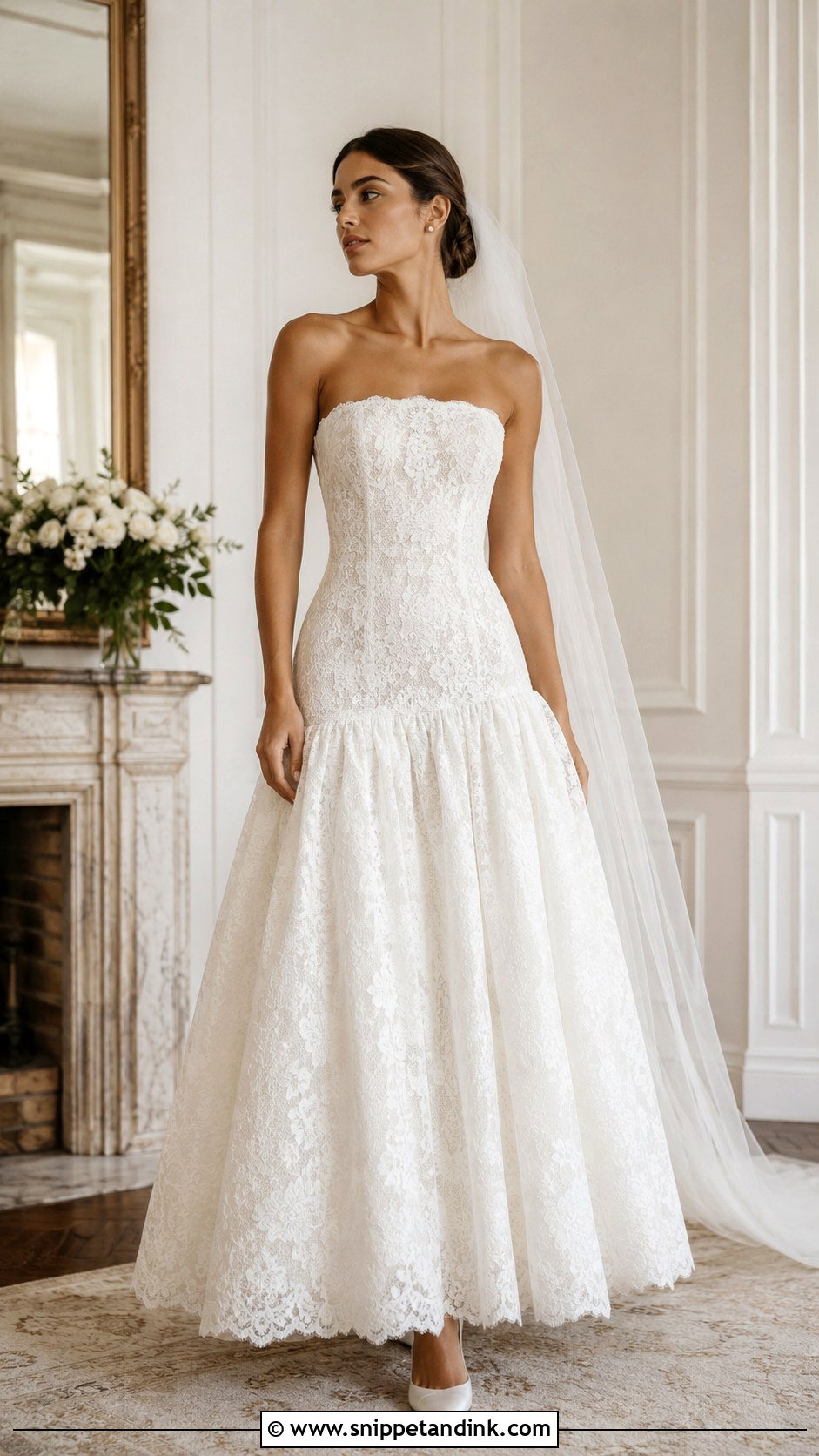 Lace Strapless Drop Waist Wedding Dress - Snippet and Ink - 25 Lace Strapless Wedding Dress Ideas