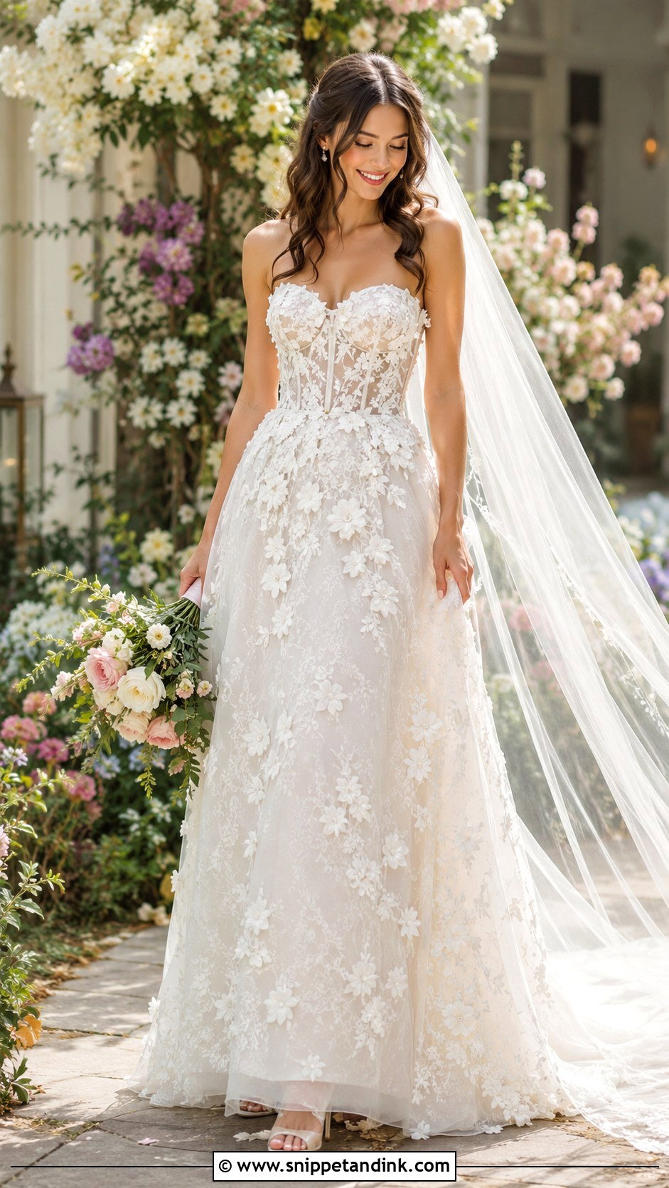 Lace Strapless Wedding Dress With 3D Flowers - Snippet and Ink - 25 Lace Strapless Wedding Dress Ideas