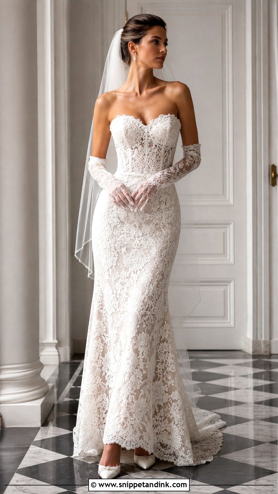Lace Strapless Wedding Dress With Bridal Gloves - Snippet and Ink - 25 Lace Strapless Wedding Dress Ideas