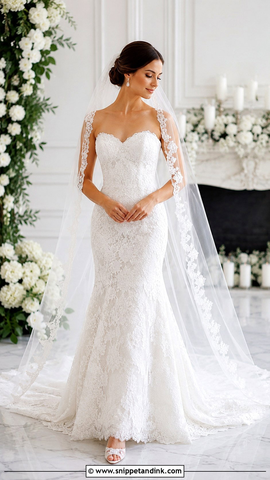 Lace Strapless Wedding Dress With Matching Veil - Snippet and Ink - 25 Lace Strapless Wedding Dress Ideas