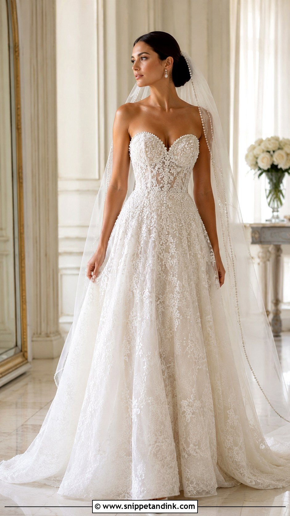 Lace Strapless Wedding Dress With Pearl Details - Snippet and Ink - 25 Lace Strapless Wedding Dress Ideas