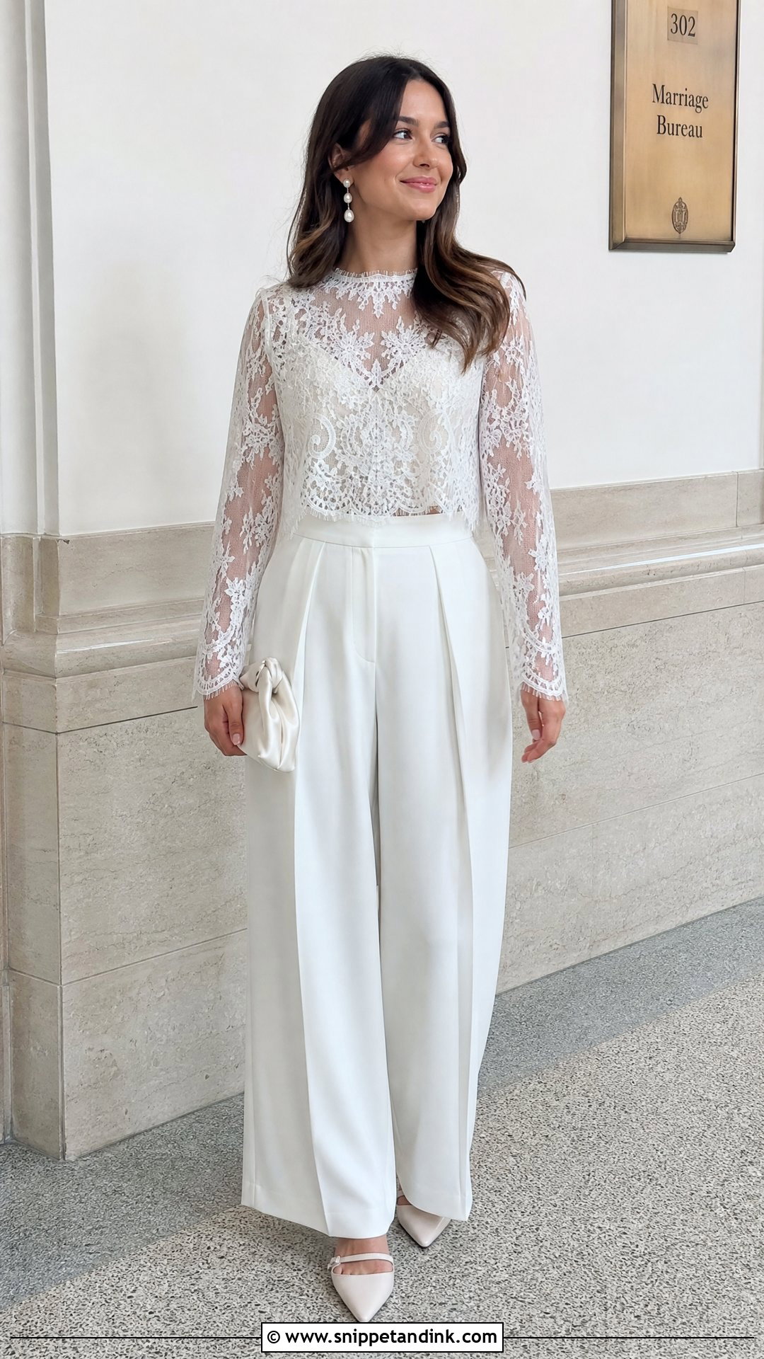 Lace Top And Wide Leg Pants Courthouse Wedding Outfit - Snippet and Ink - 25 Casual Courthouse Wedding Outfit Ideas