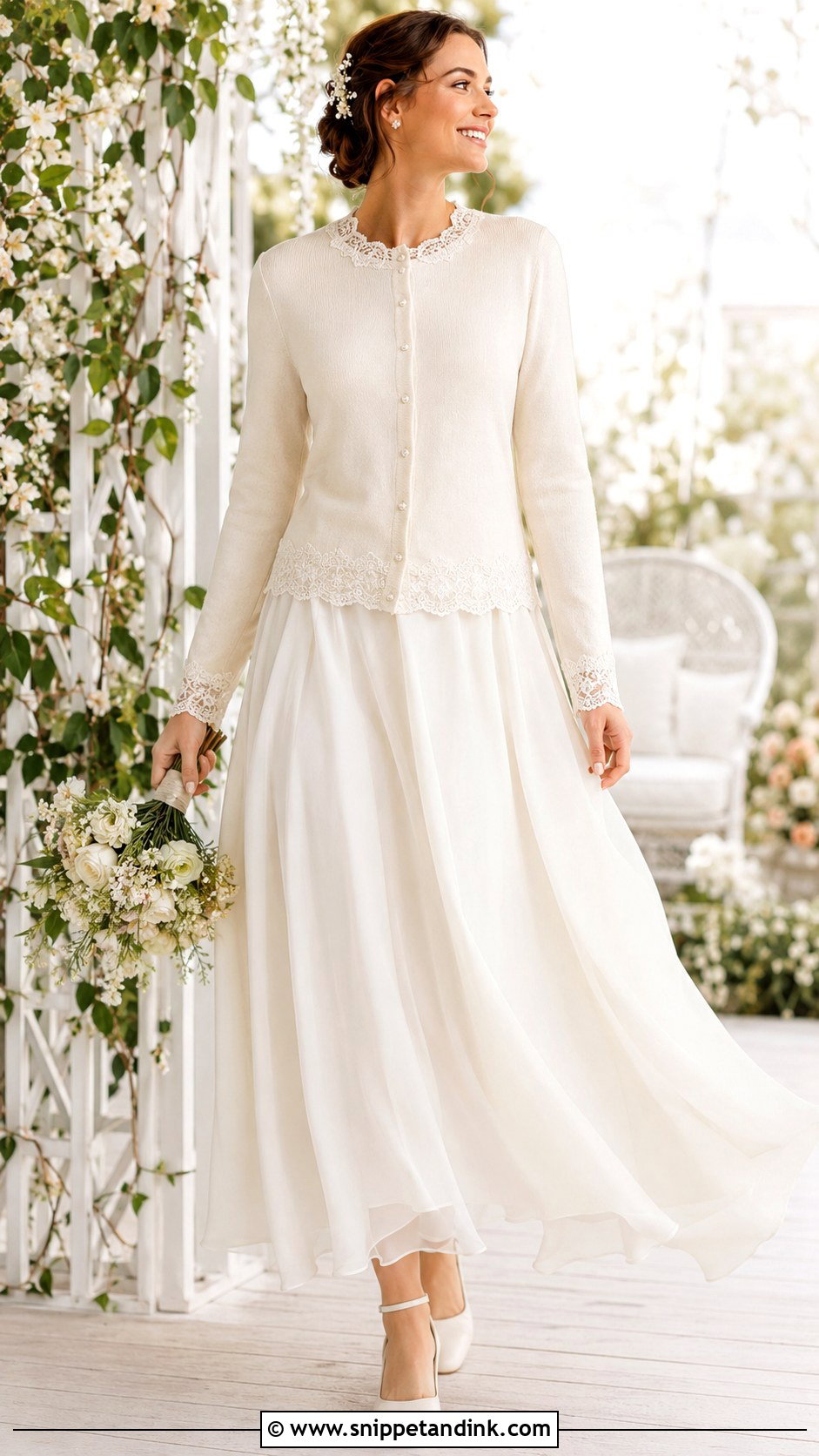 Lace Trim Bride Sweater With Chiffon Dress - Snippet and Ink - 20 Bride Sweater Ideas