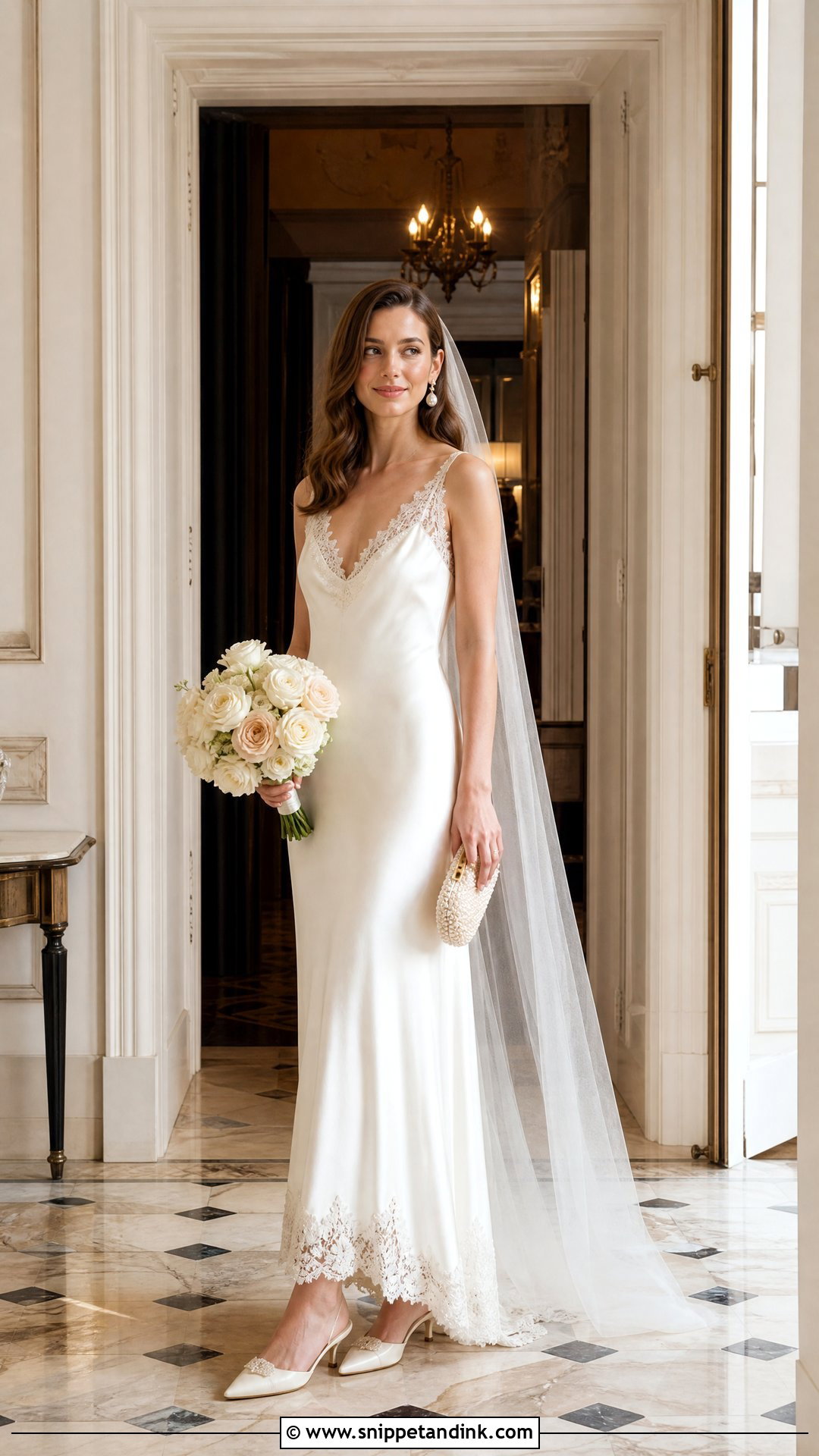 Lace Trim Silk Slip Wedding Dress With Vintage Accessories - Snippet and Ink - 20 Silk Slip Wedding Dress Ideas