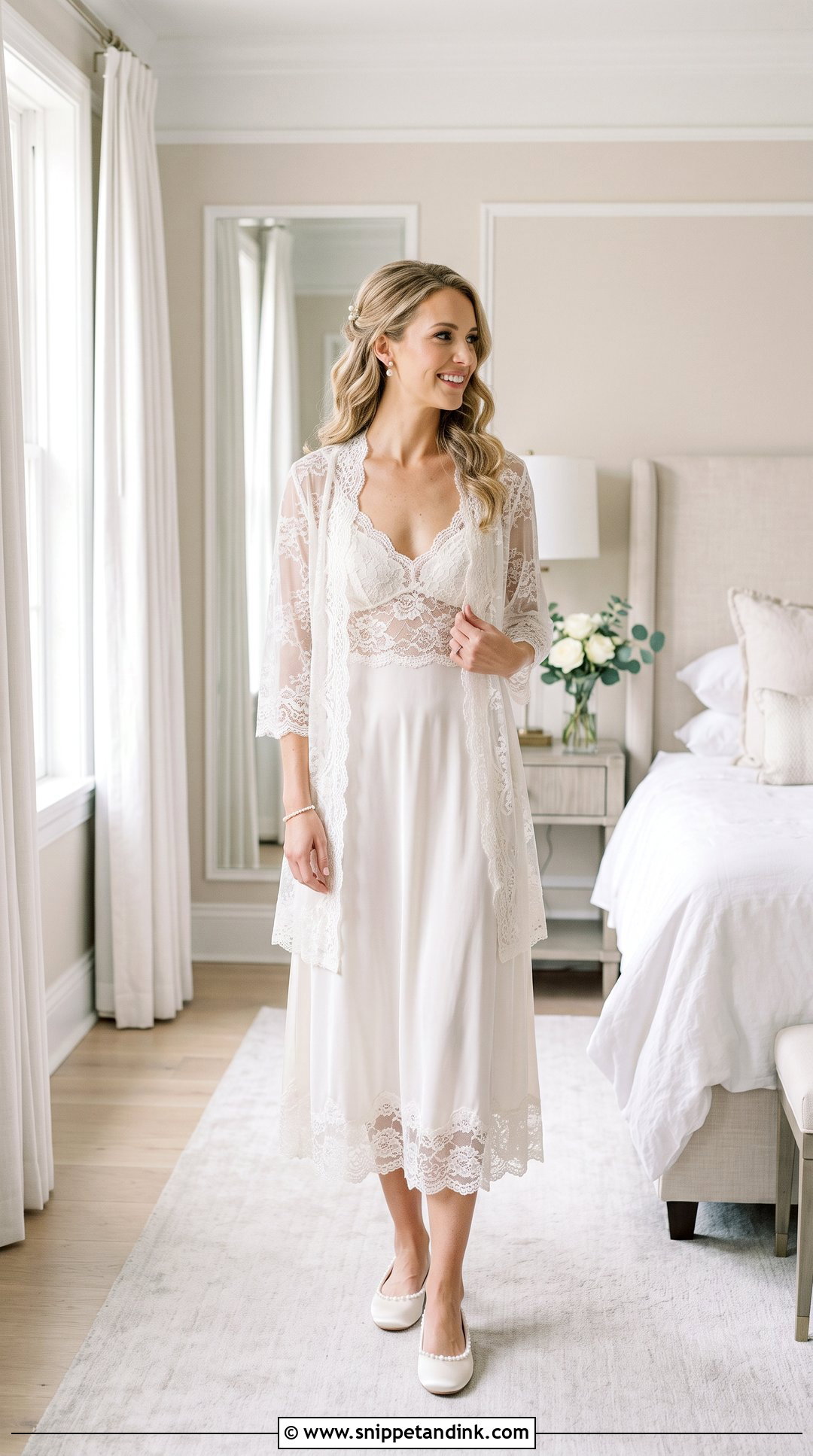 Lace Trimmed Midi Nightgown With Short Robe - Snippet and Ink - 20 Wedding Nightgown Ideas