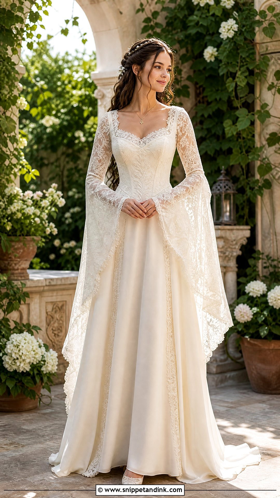 Lace Trumpet Sleeve Medieval Fantasy Wedding Dress - Snippet and Ink - 25 Medieval Fantasy Wedding Dress Ideas