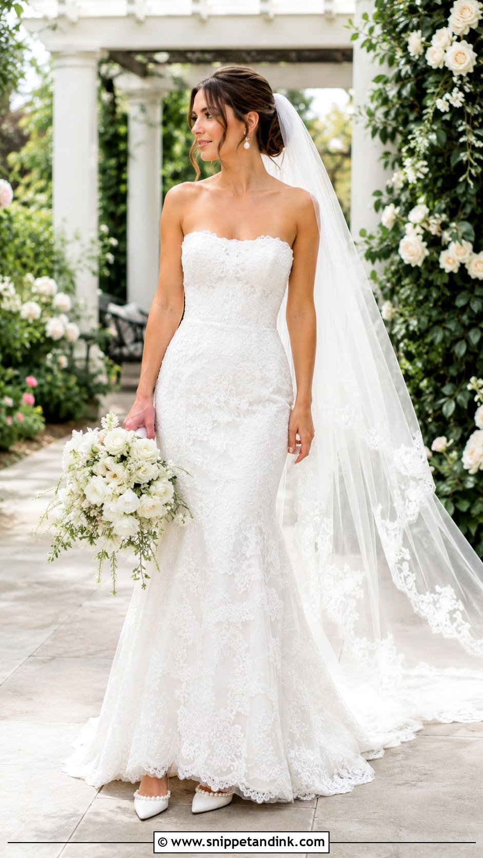 Lace Tube Wedding Dress With Pearl Accessories - Snippet and Ink - 20 Tube Wedding Dress Ideas