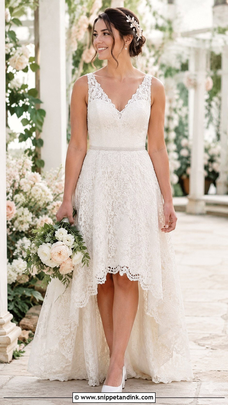 Lace V Neck Hi Lo Wedding Dress - Snippet and Ink - 20 Hi Lo Wedding Dress Ideas