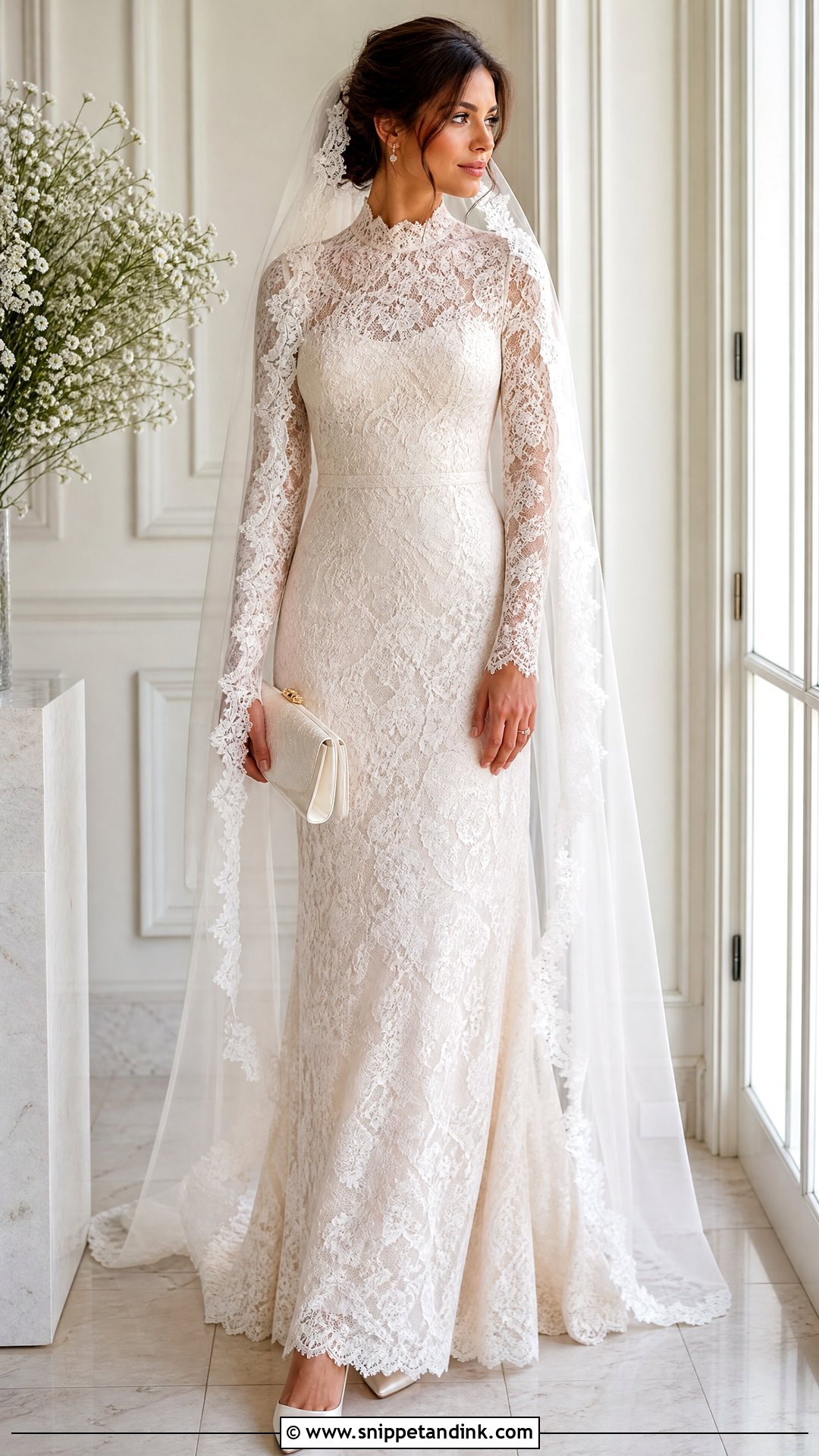 Lace Veil With Long Sleeve Dress - Snippet and Ink - 25 Veil Outfit Ideas
