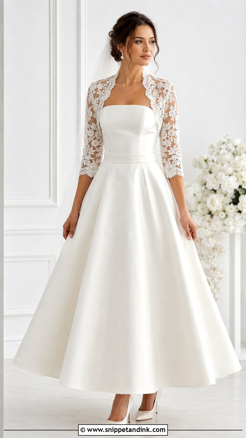 Lace Wedding Bolero With Strapless Dress - Snippet and Ink - 25 Wedding Bolero Ideas