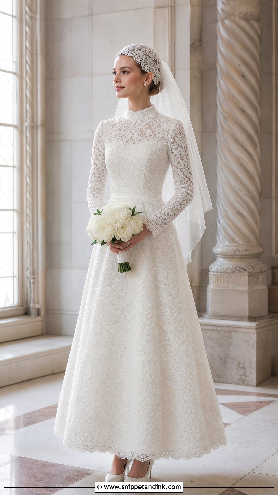 Lace Wedding Cap With Long Sleeve Dress - Snippet and Ink - 20 Wedding Caps Ideas