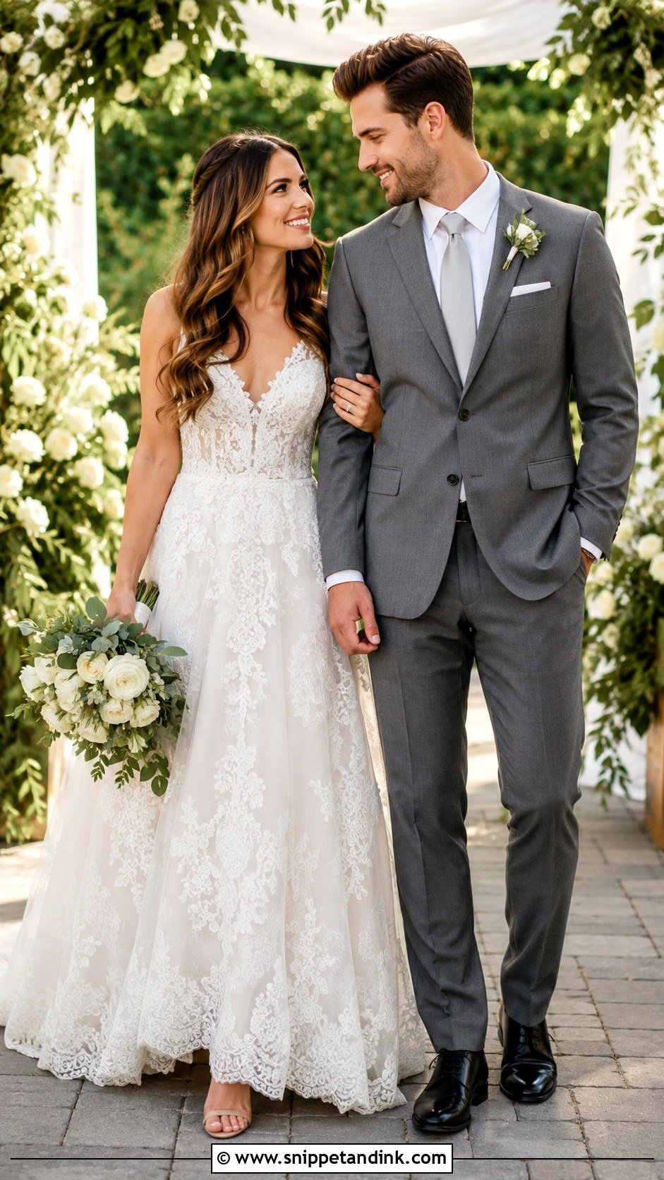 Lace Wedding Dress And Gray Suit Wedding Couple Outfit - Snippet and Ink - 25 Wedding Couple Outfits