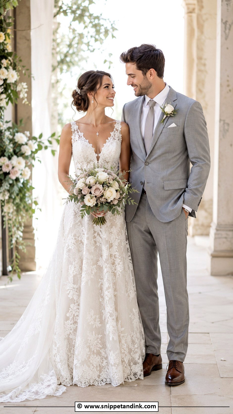 Lace Wedding Dress And Gray Suit - Snippet and Ink - 30 Couple Wedding Dress Ideas