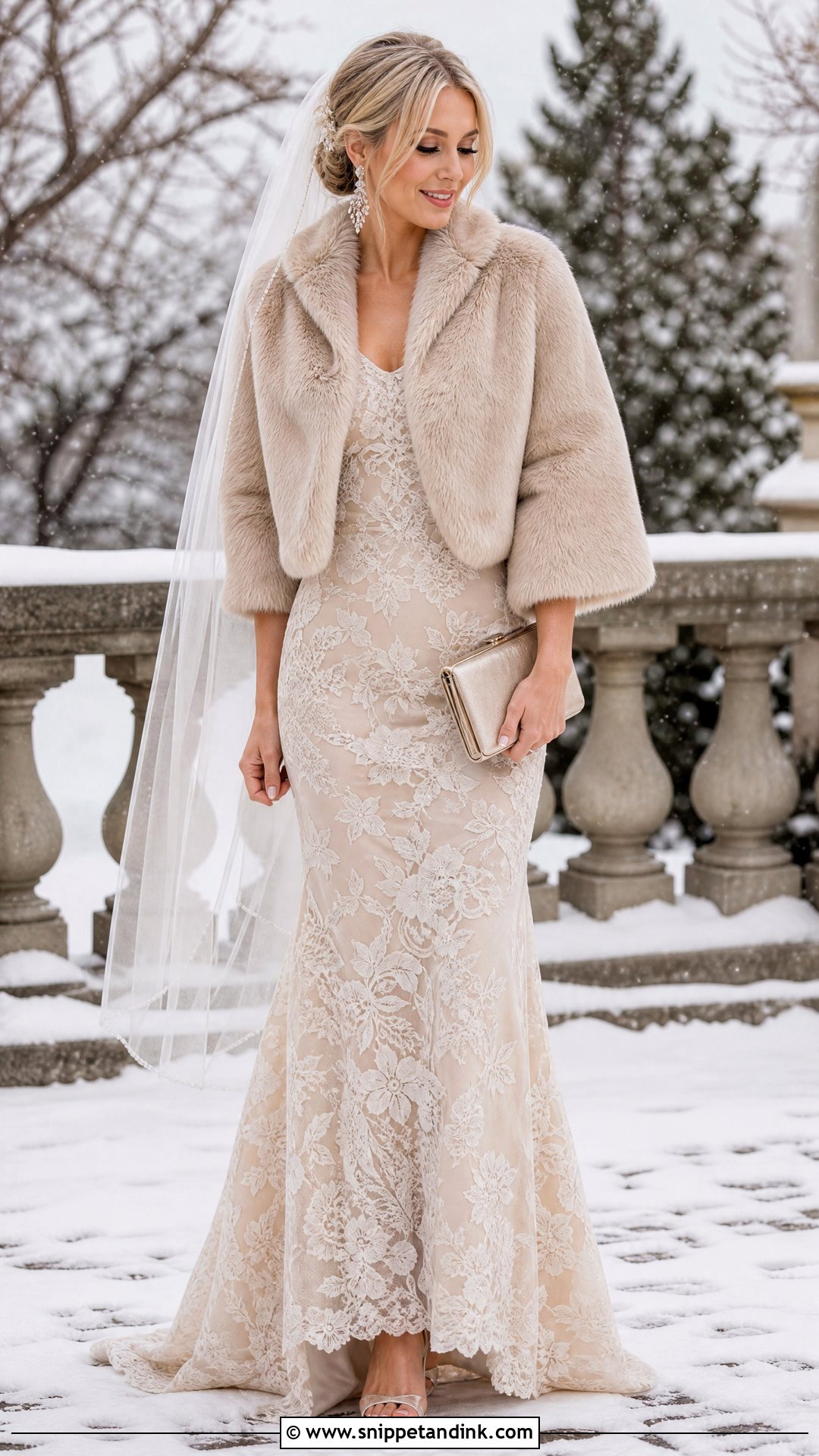 Lace Wedding Dress With Champagne Fur Coat - Snippet and Ink - 20 Wedding Dress with Fur Coat Ideas