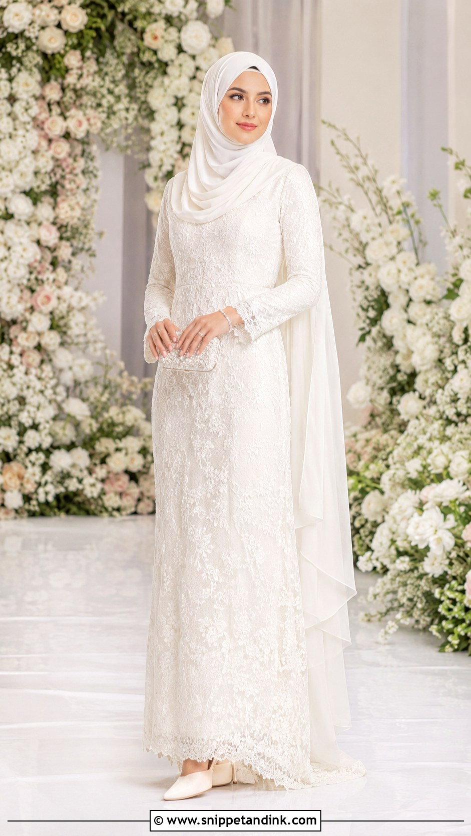 Lace Wedding Dress With Draped Hijab - Snippet and Ink - 30 Wedding Hijab Styles