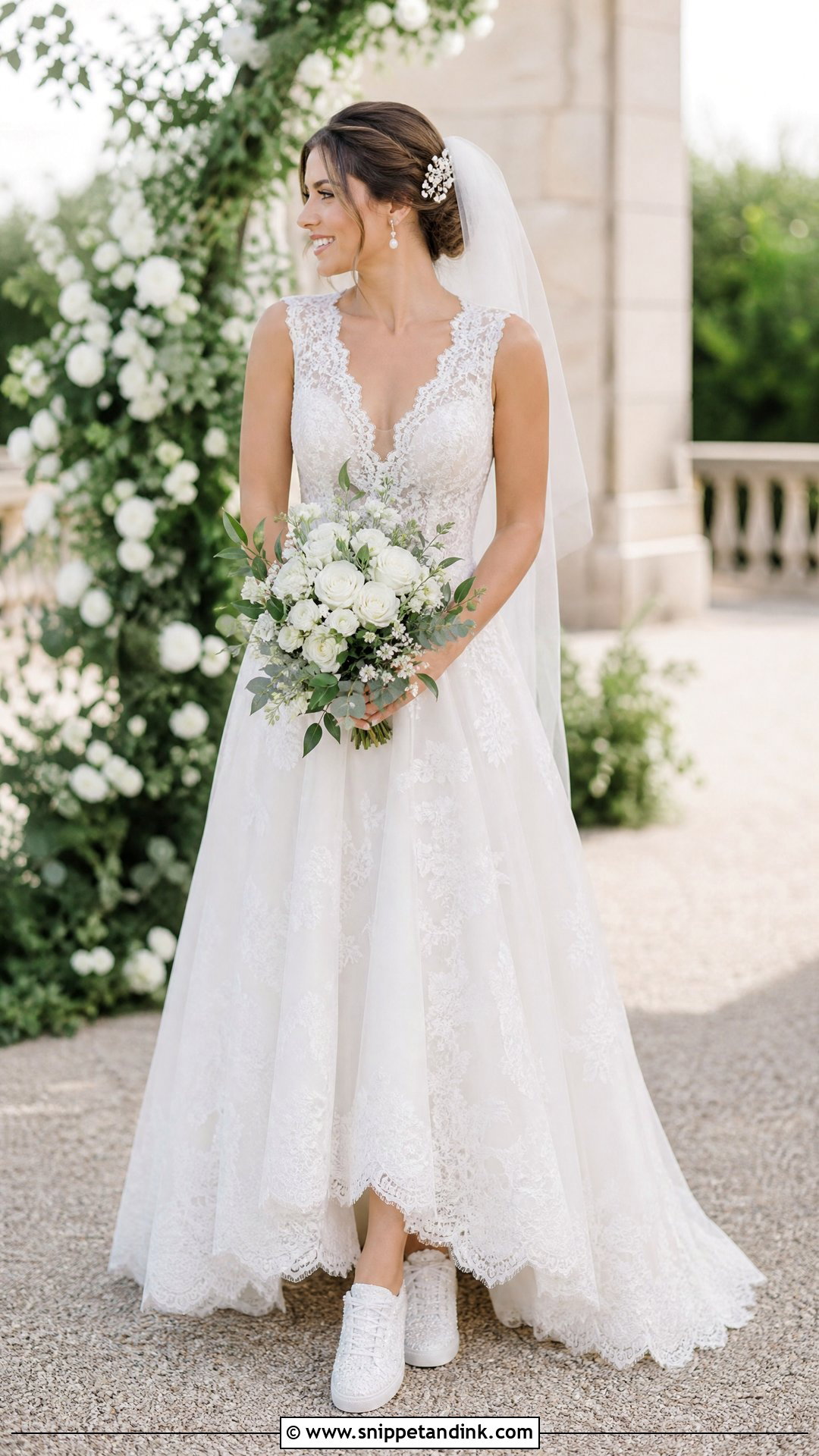 Lace Wedding Dress With Pearl Sneakers - Snippet and Ink - 20 Wedding Dress Sneakers Ideas