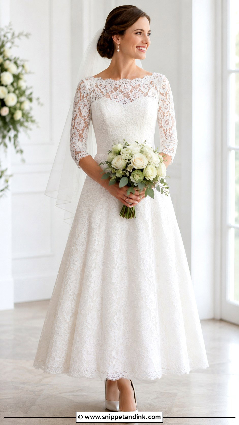 Lace Wedding Dress With Three Quarter Sleeves - Snippet and Ink - 25 Modest Lace Wedding Dresses