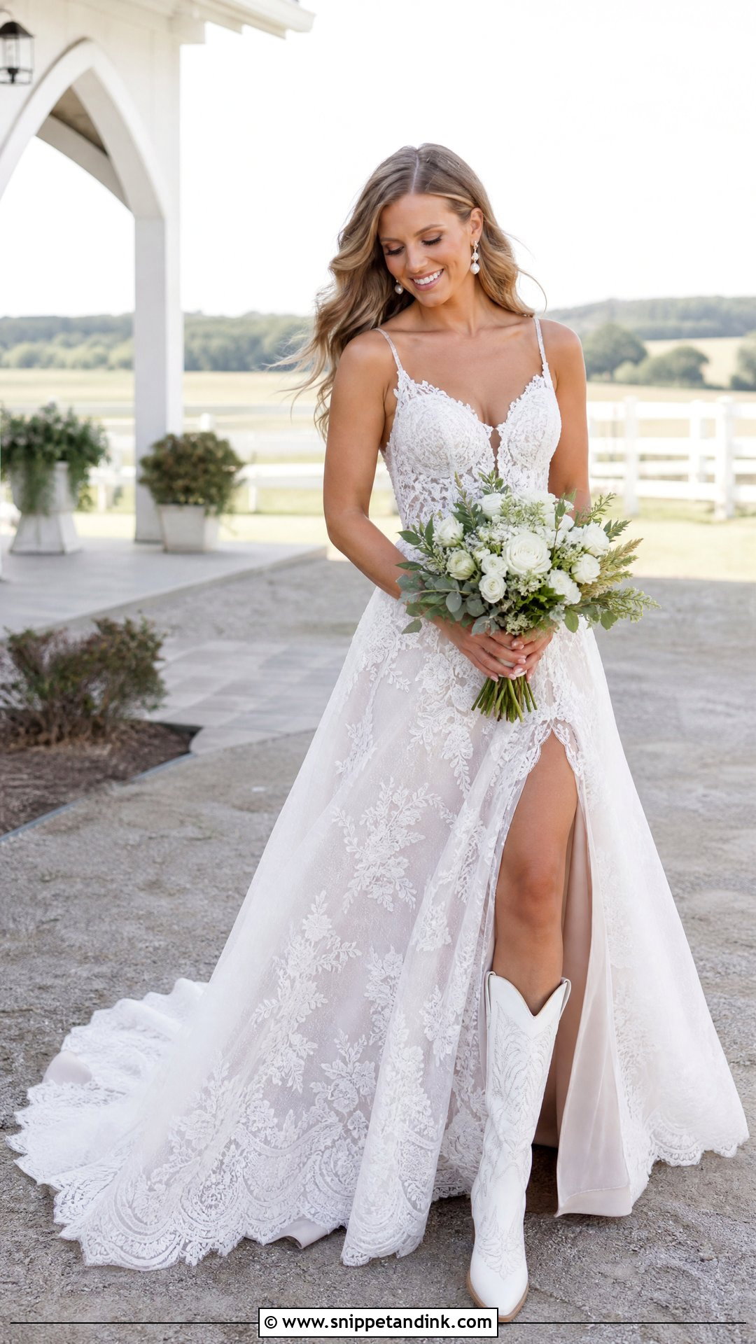 Lace Wedding Dress With White Cowboy Boots - Snippet and Ink - 20 Wedding Dress Boots Ideas