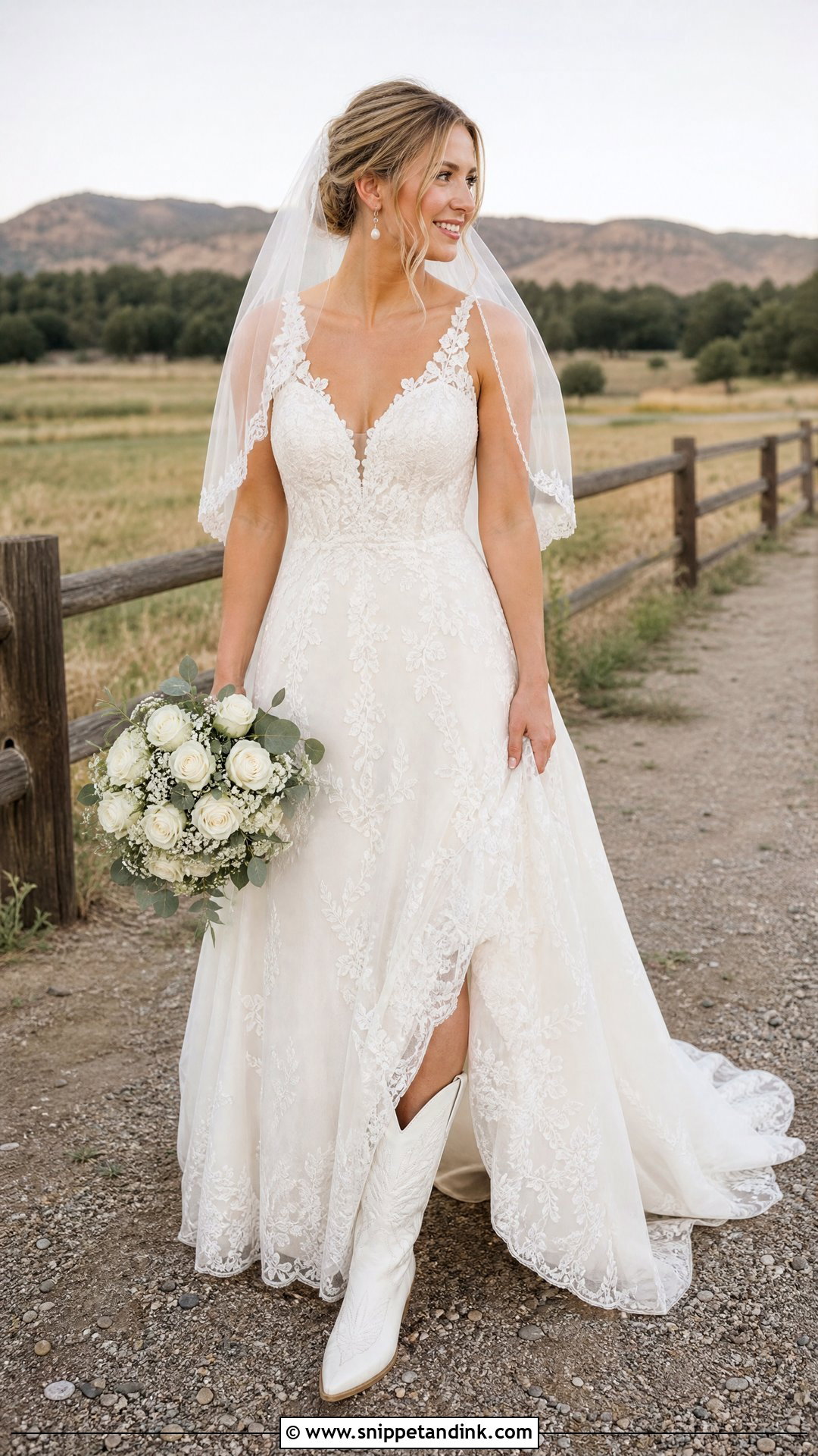 Lace Wedding Dress With White Cowboy Boots - Snippet and Ink - 20 Wedding Cowboy Boots for Bride Ideas