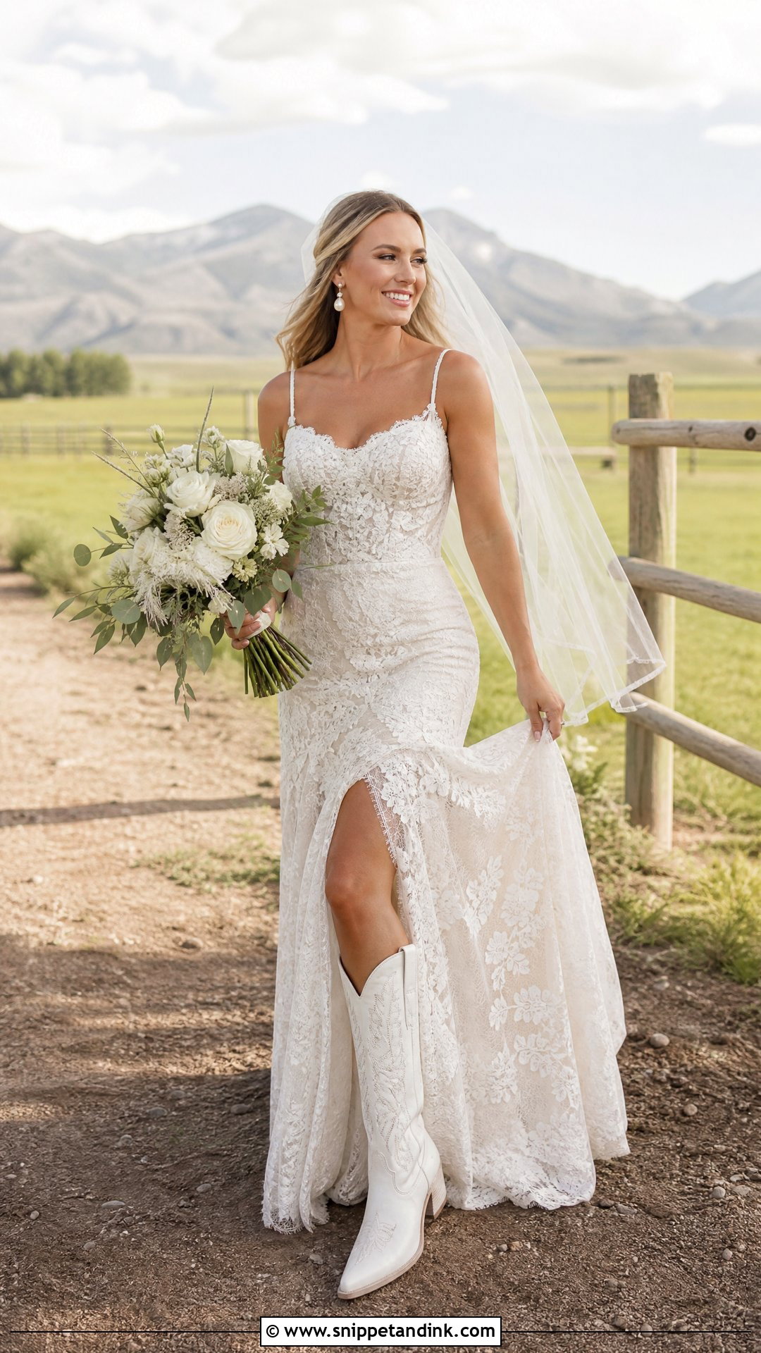 Lace Wedding Dress With White Cowgirl Boots - Snippet and Ink - 25 Wedding Cowgirl Boots Ideas