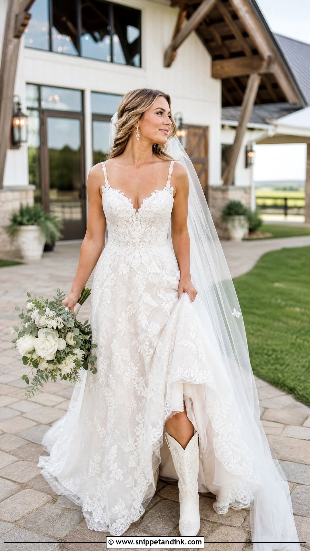Lace Western Wedding Dress With White Cowboy Boots - Snippet and Ink - 20 Western Wedding Dresses with Boots