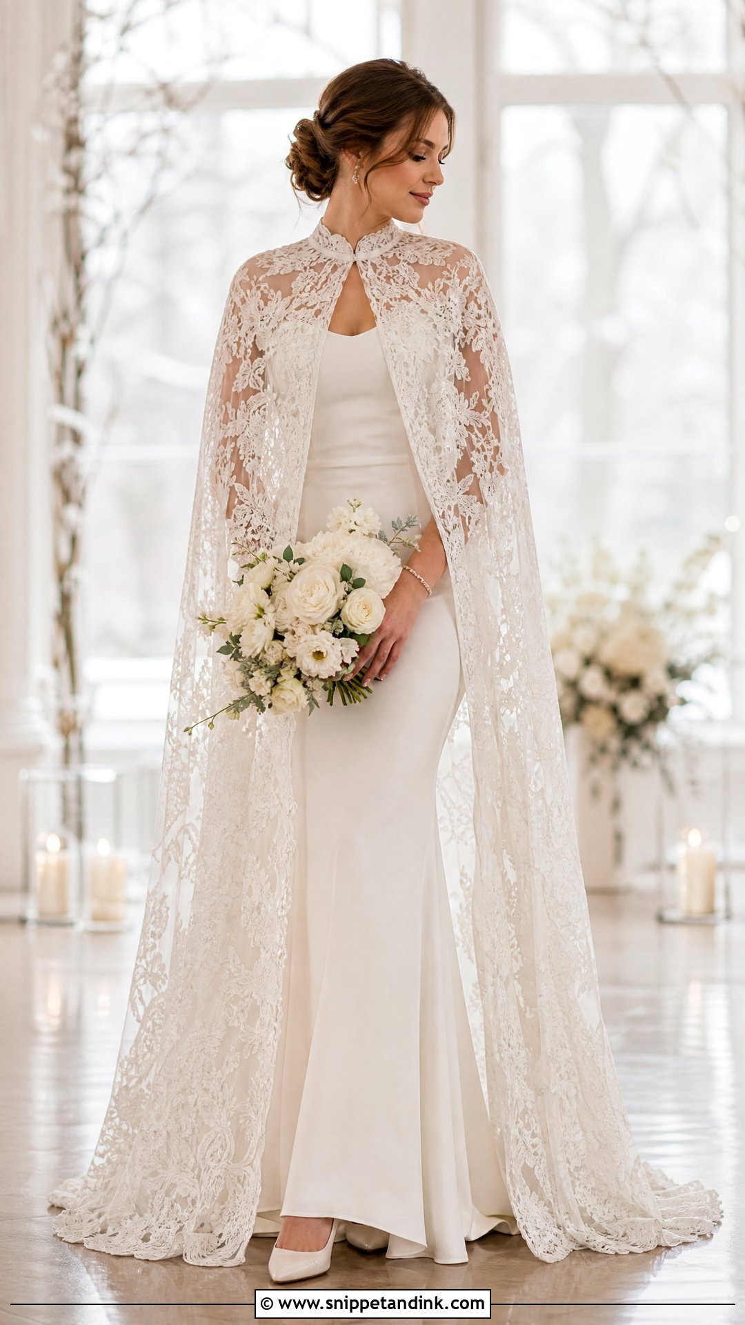 Lace Winter Wedding Cape With Fit And Flare Dress - Snippet and Ink - 20 Winter Wedding Cape Ideas
