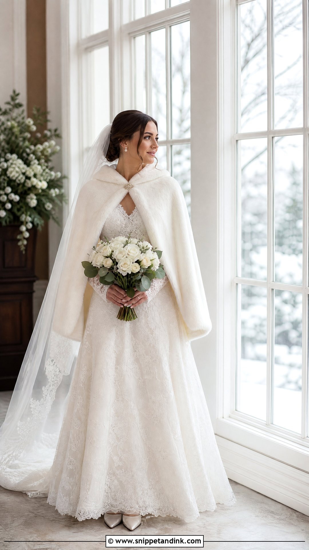 Lace Winter Wedding Dress With Faux Fur Cape - Snippet and Ink - 25 Winter Wedding Dress Fur Ideas