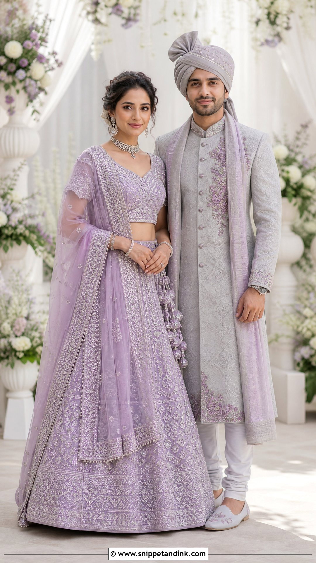 Lavender Bridal Lehenga And Gray Sherwani Couple Outfit - Snippet and Ink - 20 Indian Bridal Couple Dress Ideas