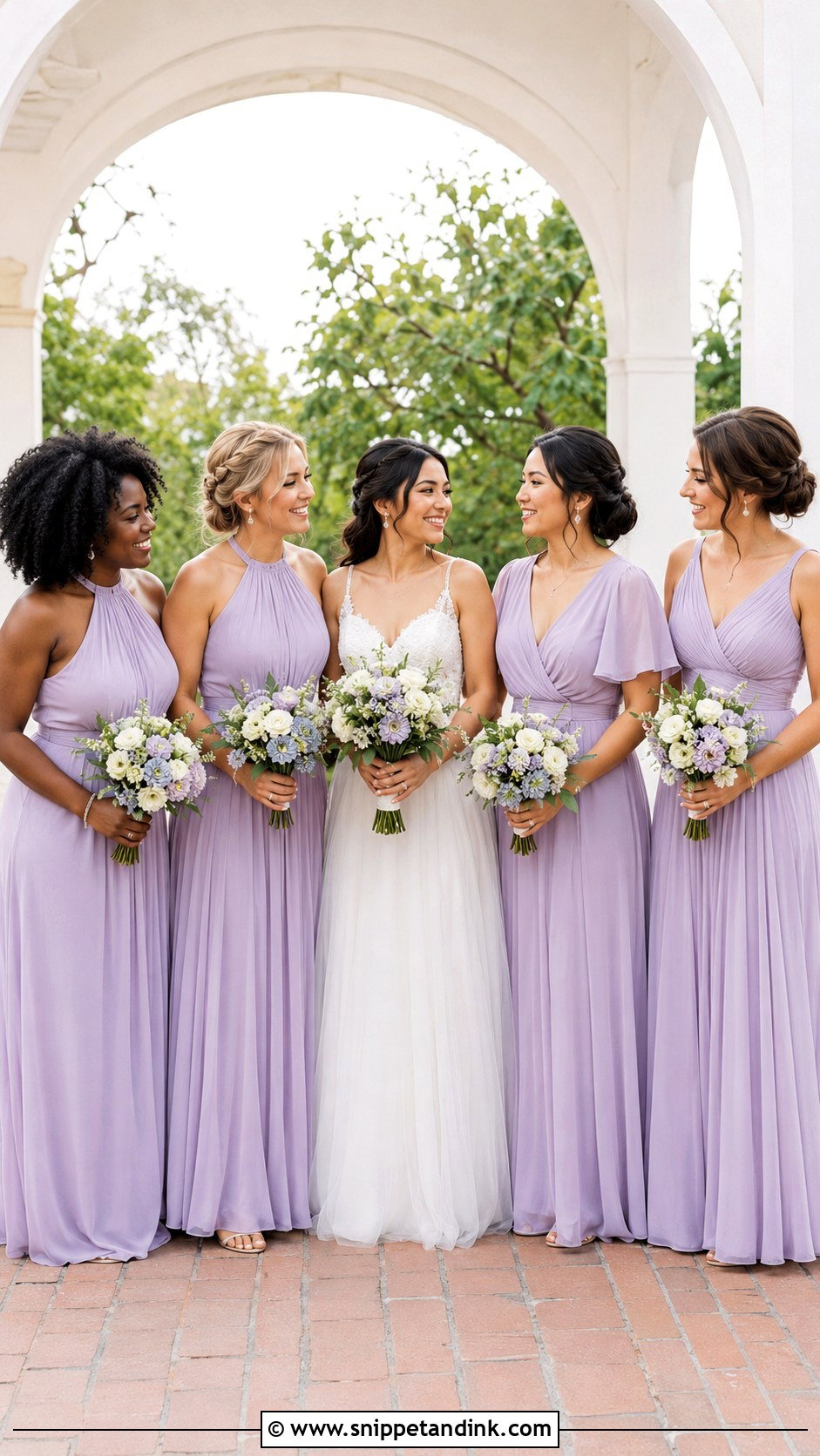 Lavender Bridal Team Dresses With Pearl Accessories - Snippet and Ink - 20 Bridal Team Dresses Ideas