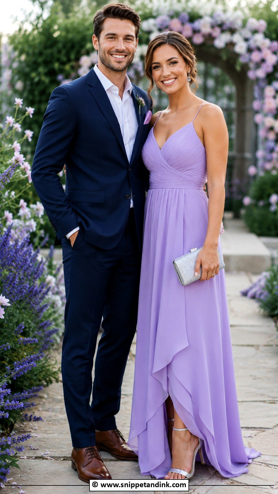 Lavender Dress And Navy Suit Wedding Matching Outfit - Snippet and Ink - 35 Wedding Matching Outfits