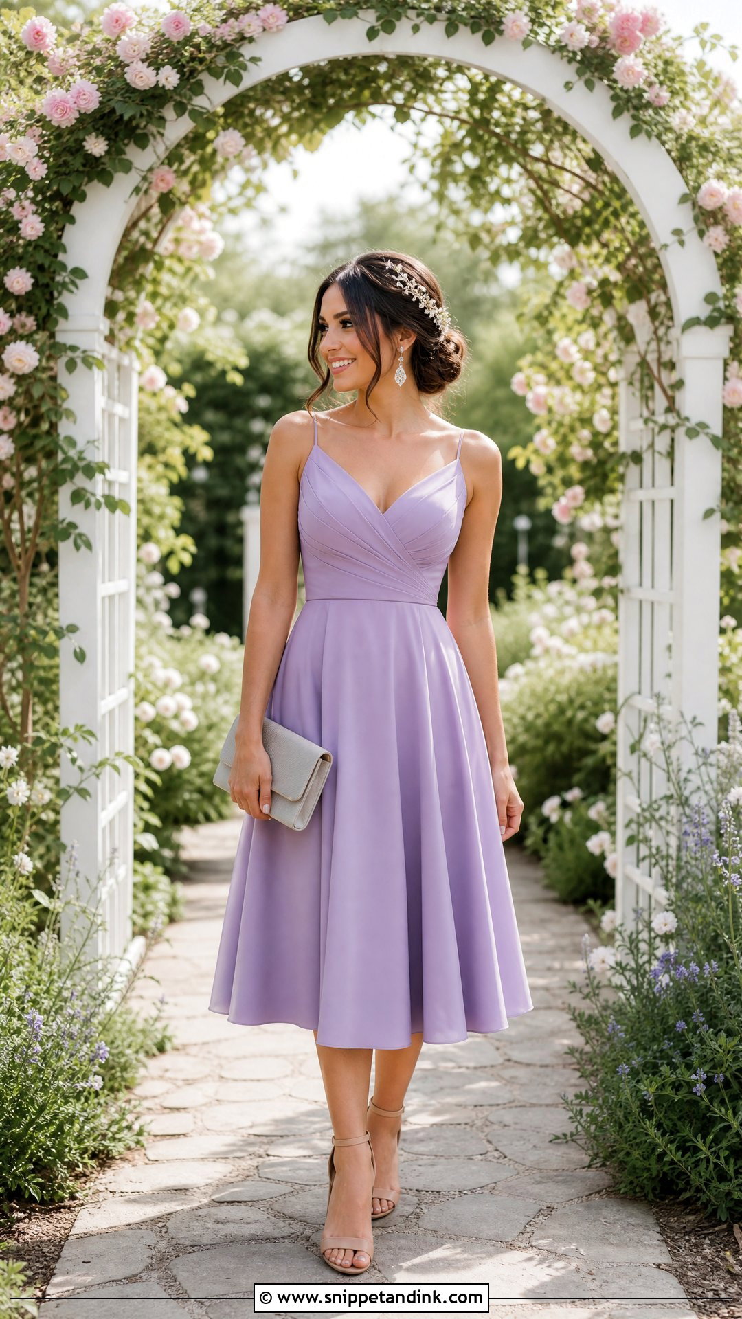 Lavender Fit And Flare Dress With Nude Sandals - Snippet and Ink - 20 Summer Garden Party Dress Ideas