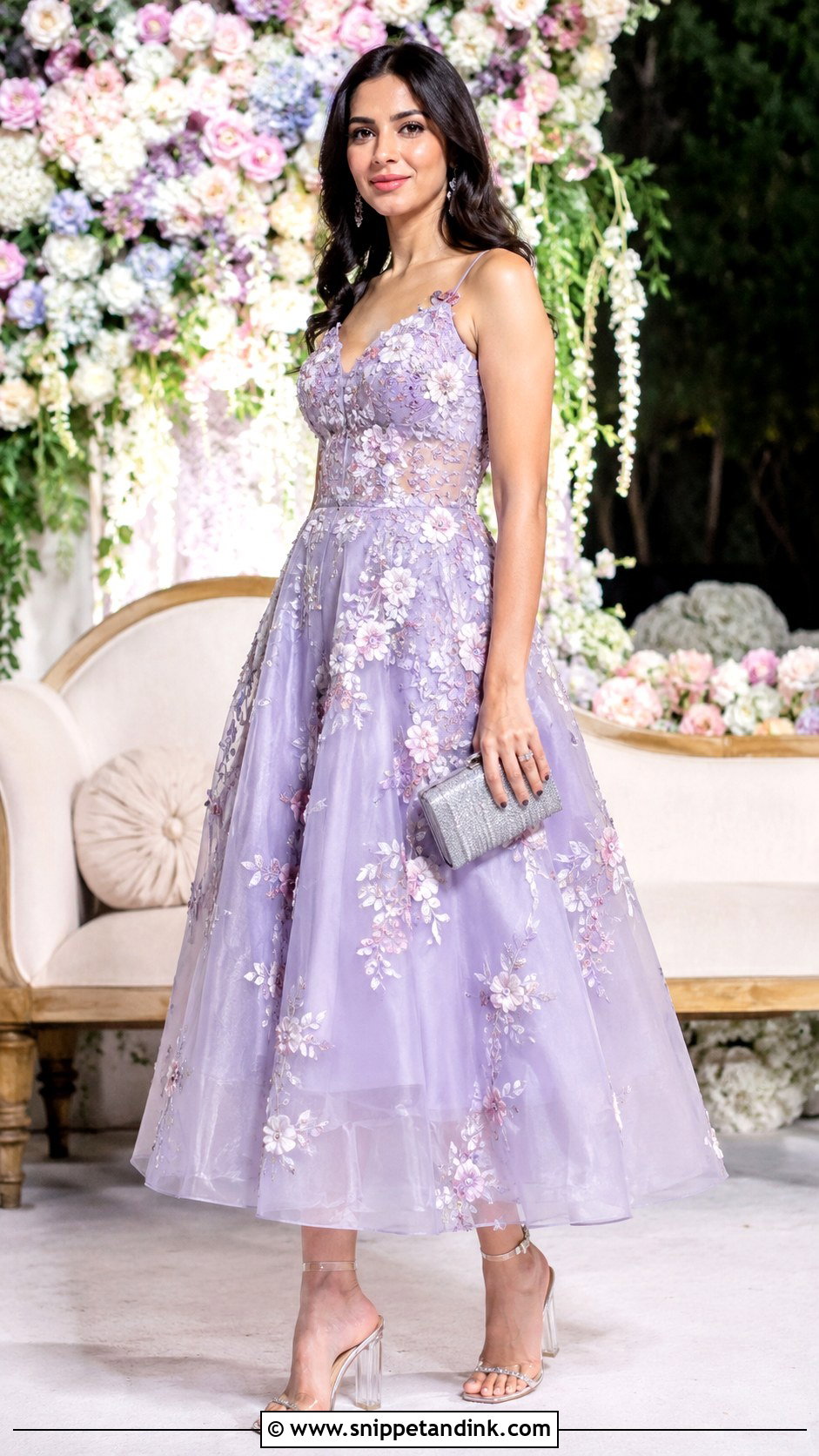 Lavender Floral Cocktail Gown With Silver Jewelry - Snippet and Ink - 20 Cocktail Gowns Indian Weddings