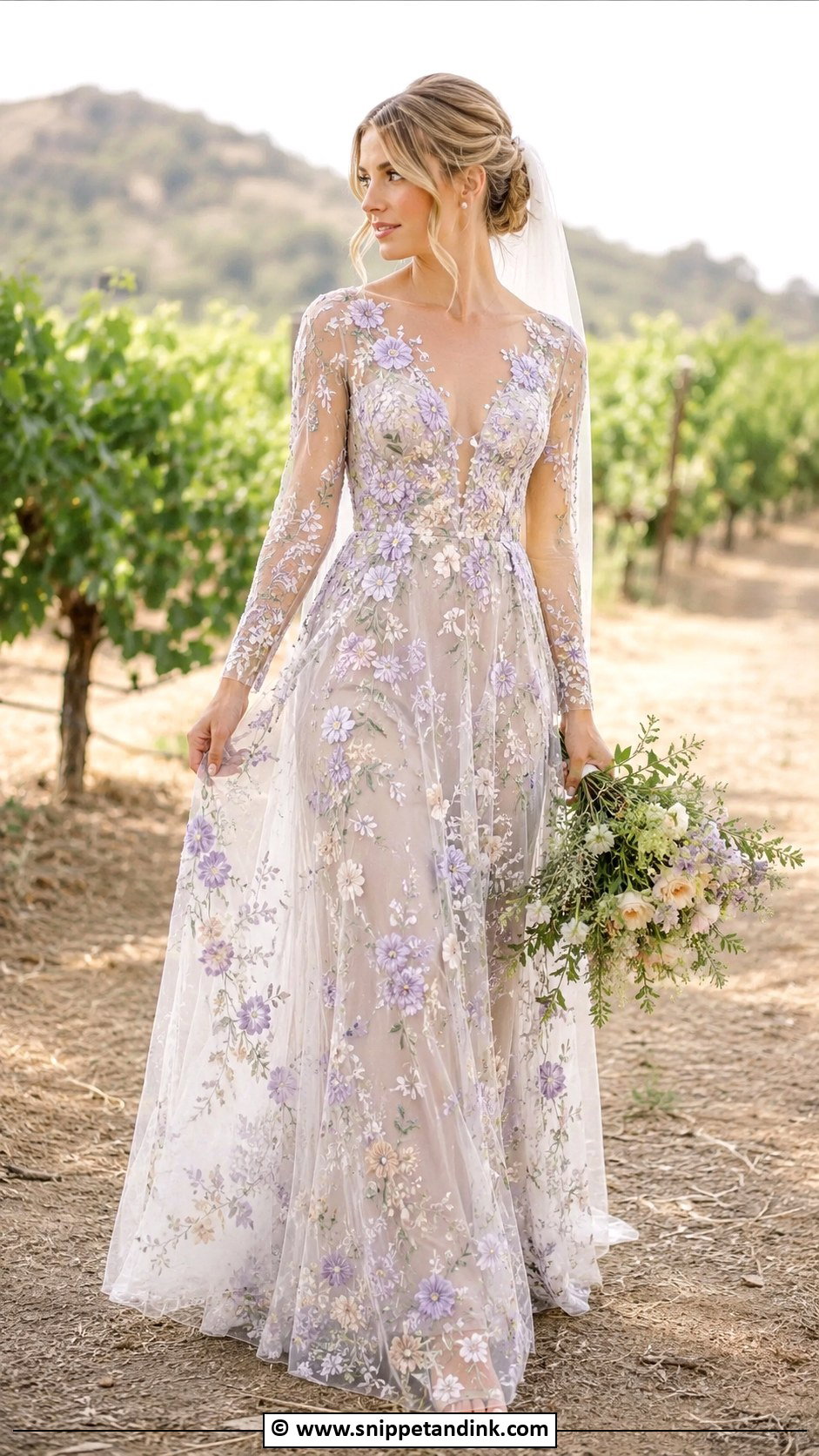 Lavender Floral Embroidered Wedding Dress - Snippet and Ink - 30 Purple Wedding Dress Ideas