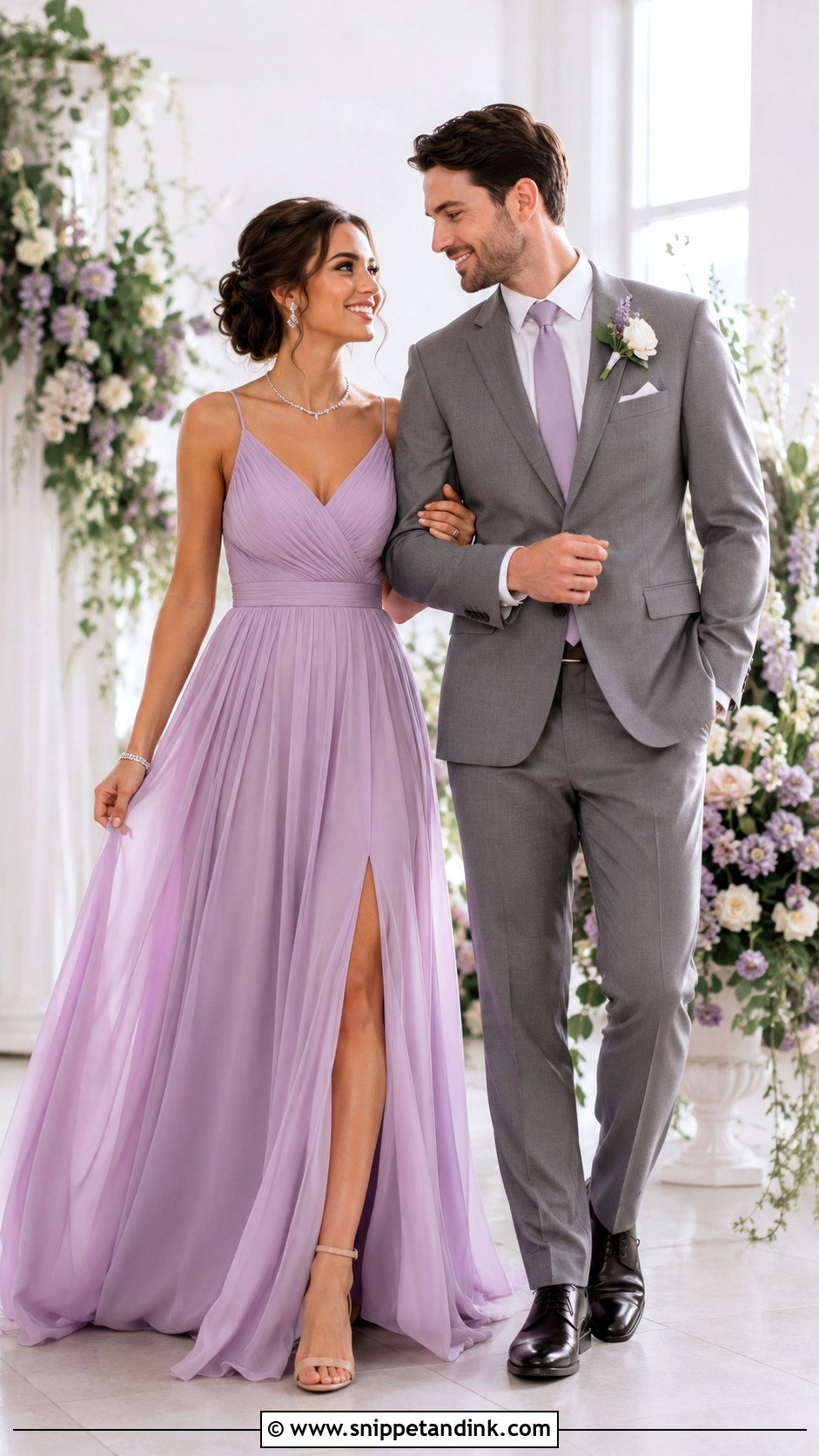 Lavender Gown And Gray Suit Wedding Outfit - Snippet and Ink - 25 Couple Contrast Outfits for Wedding