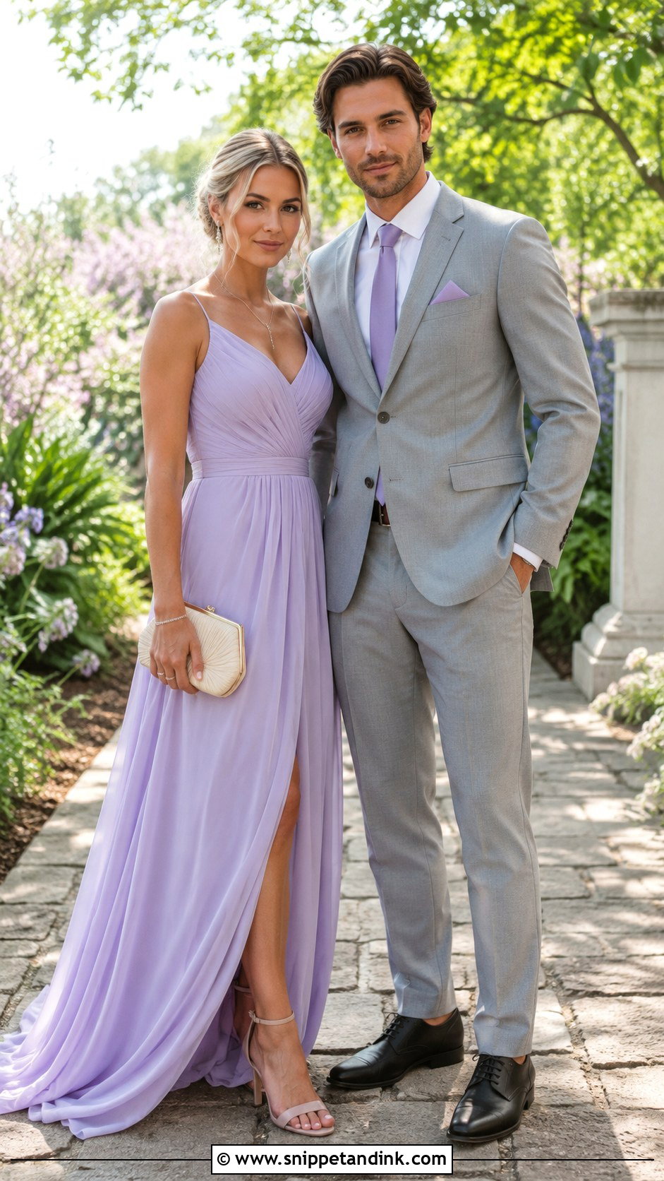 Lavender Gown And Light Gray Suit Couple Wedding Outfit - Snippet and Ink - 20 Couple Matching Wedding Outfits
