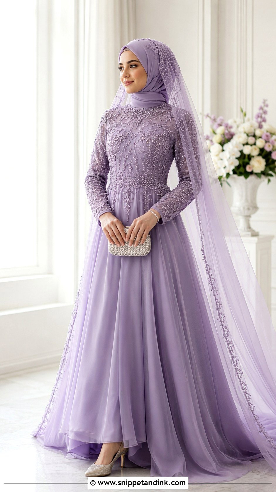 Lavender Islamic Bridal Gown With Beaded Sleeves - Snippet and Ink - 20 Islamic Bride Dress Ideas