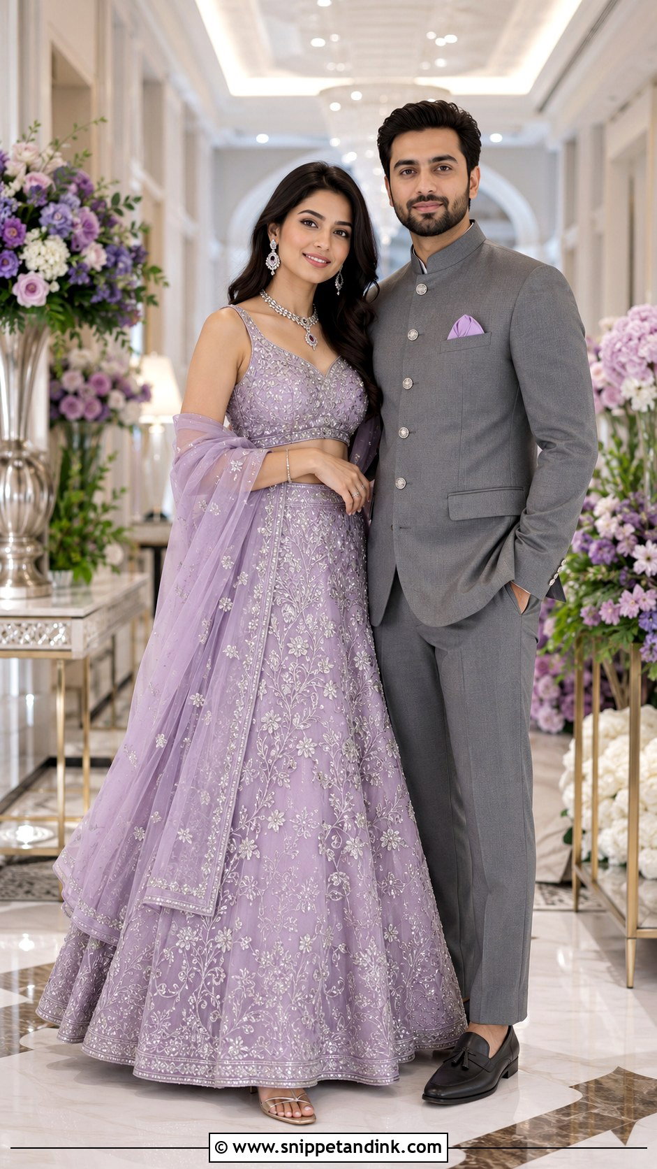 Lavender Lehenga And Gray Bandhgala For Engagement - Snippet and Ink - 20 Couple Matching Dress Indian Wedding Ideas