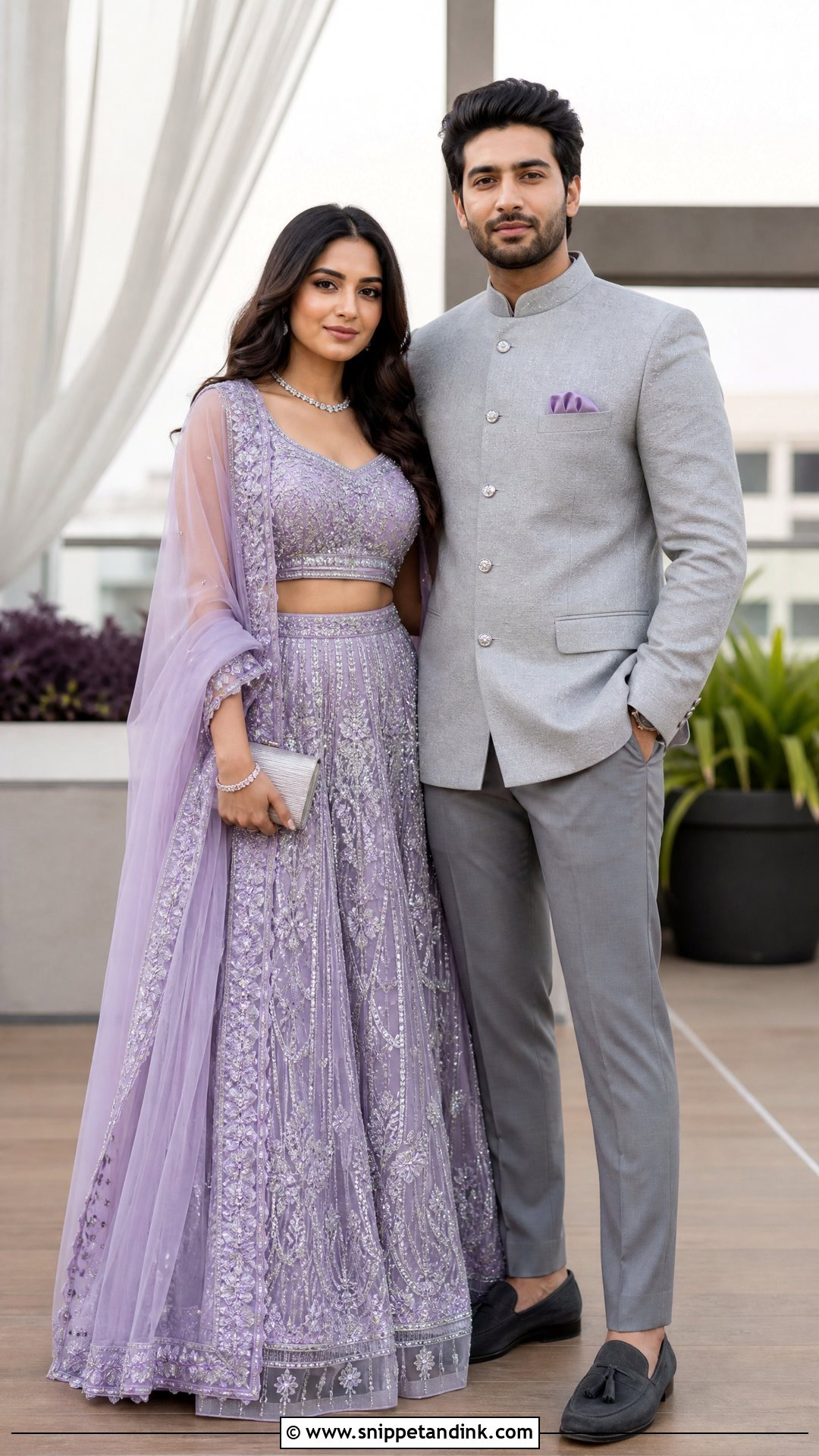 Lavender Lehenga And Gray Bandhgala - Snippet and Ink - 20 Ring Ceremony Couple Dress Ideas