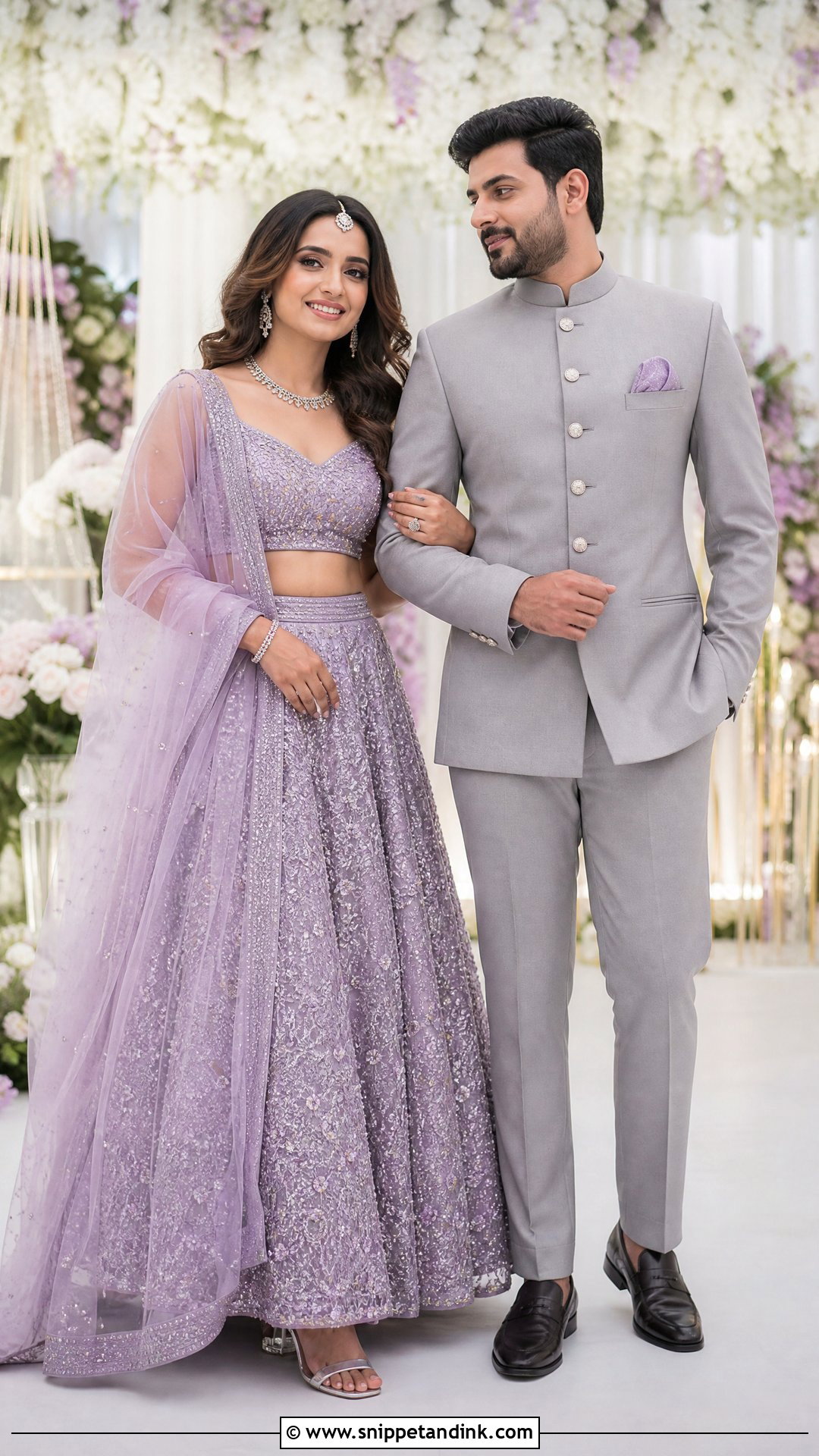 Lavender Lehenga And Gray Groom Bandhgala - Snippet and Ink - 25 Indian Wedding Couple Dress Ideas