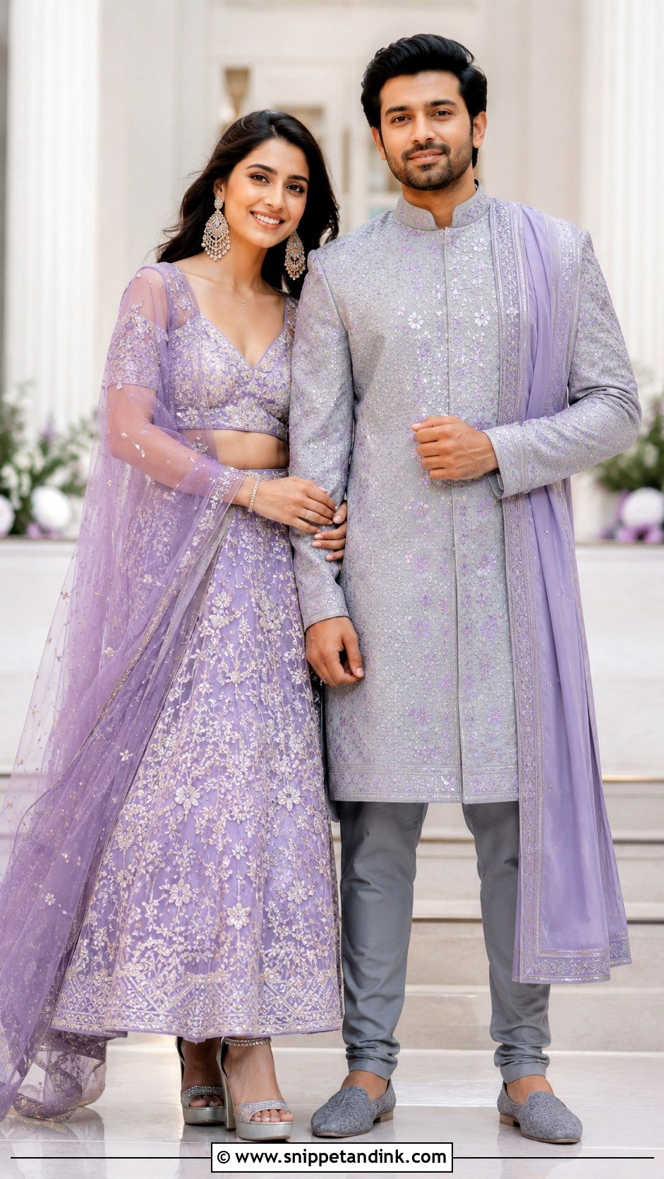 Lavender Lehenga And Gray Sherwani Outfit - Snippet and Ink - 20 Indian Couple Wedding Outfit Ideas