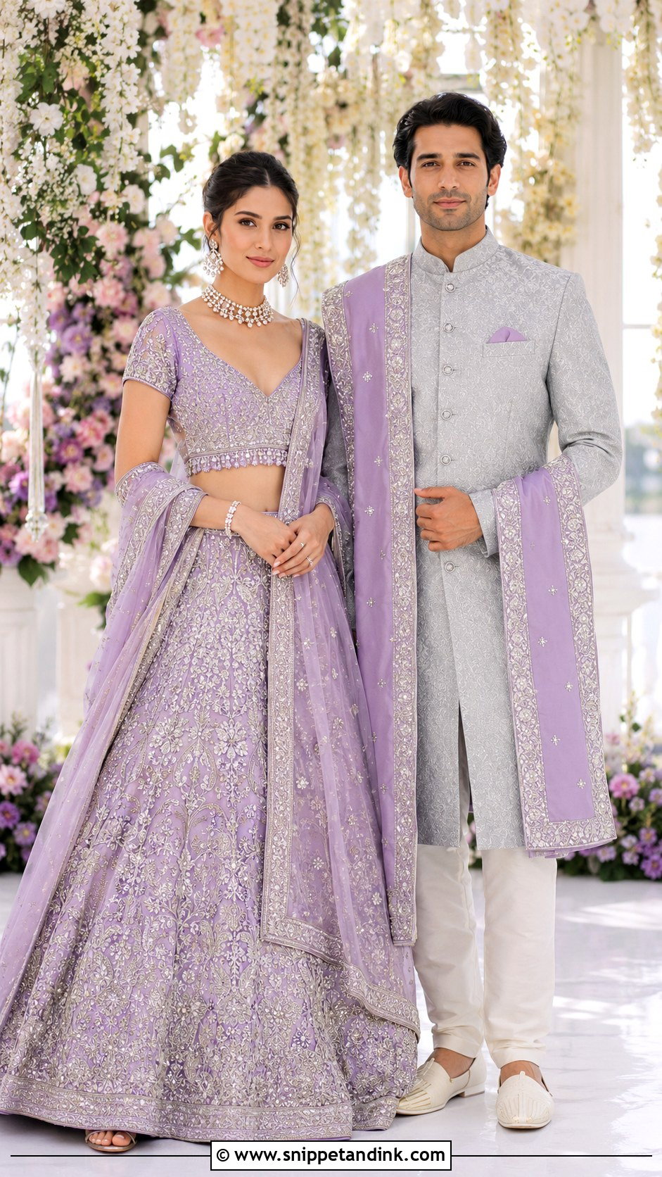 Lavender Lehenga And Grey Sherwani Wedding Couple Dress Combination - Snippet and Ink - 25 Wedding Couple Dress Combination Ideas