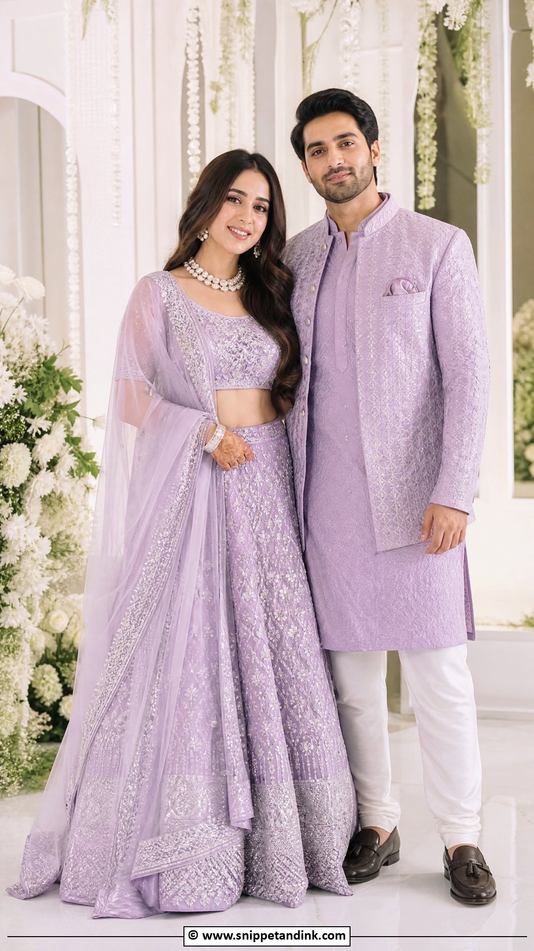 Lavender Lehenga And Lavender Kurta - Snippet and Ink - 35 Indian Couple Matching Dress Ideas