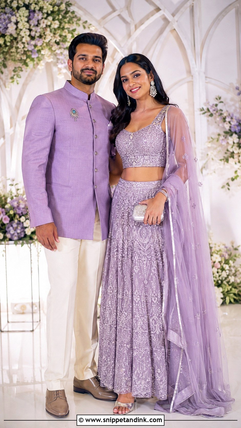 Lavender Lehenga And Lilac Bandhgala - Snippet and Ink - 20 Couple Matching Outfits Indian Wedding